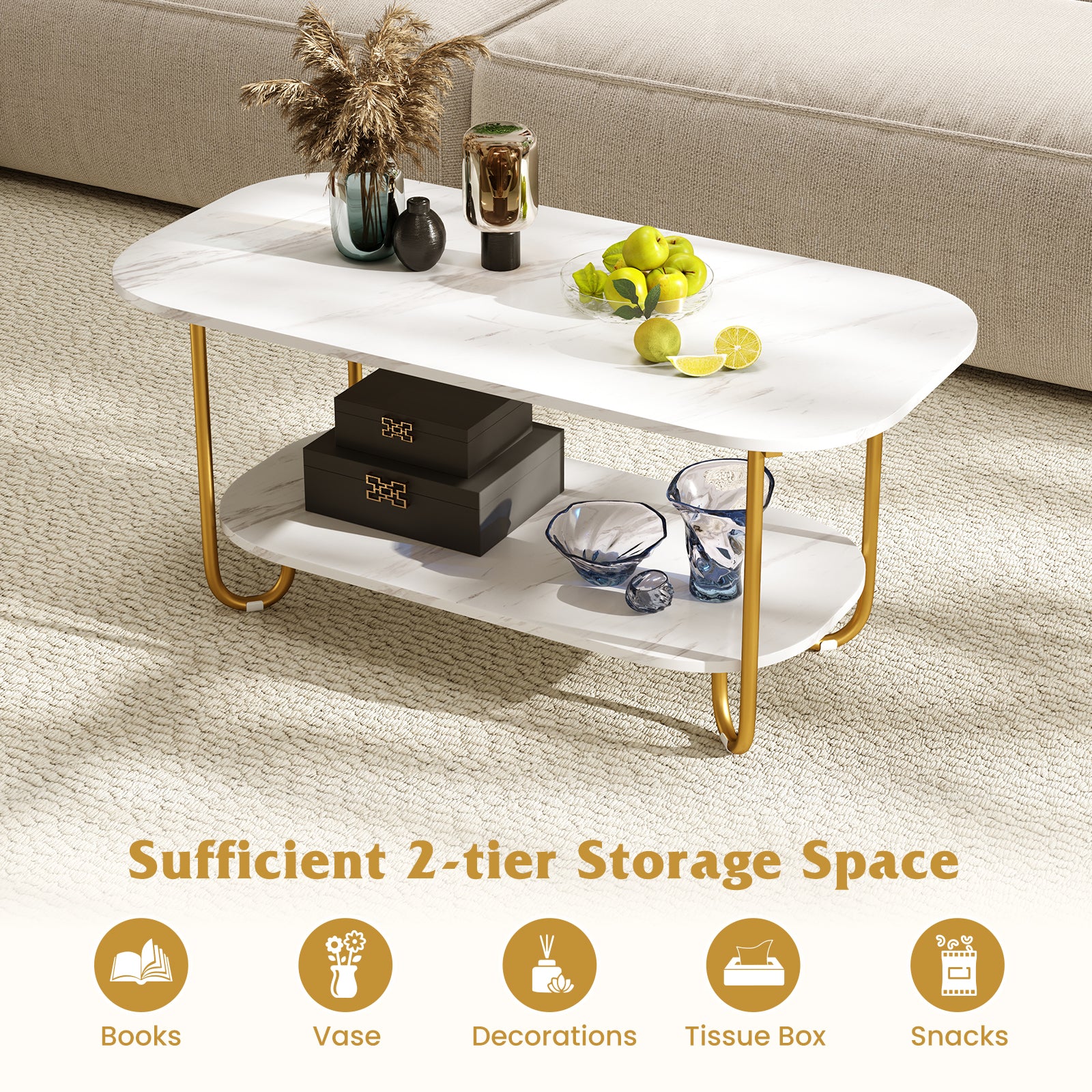 Modern 2-tier Faux Marble Top Coffee Table, White - Image 8
