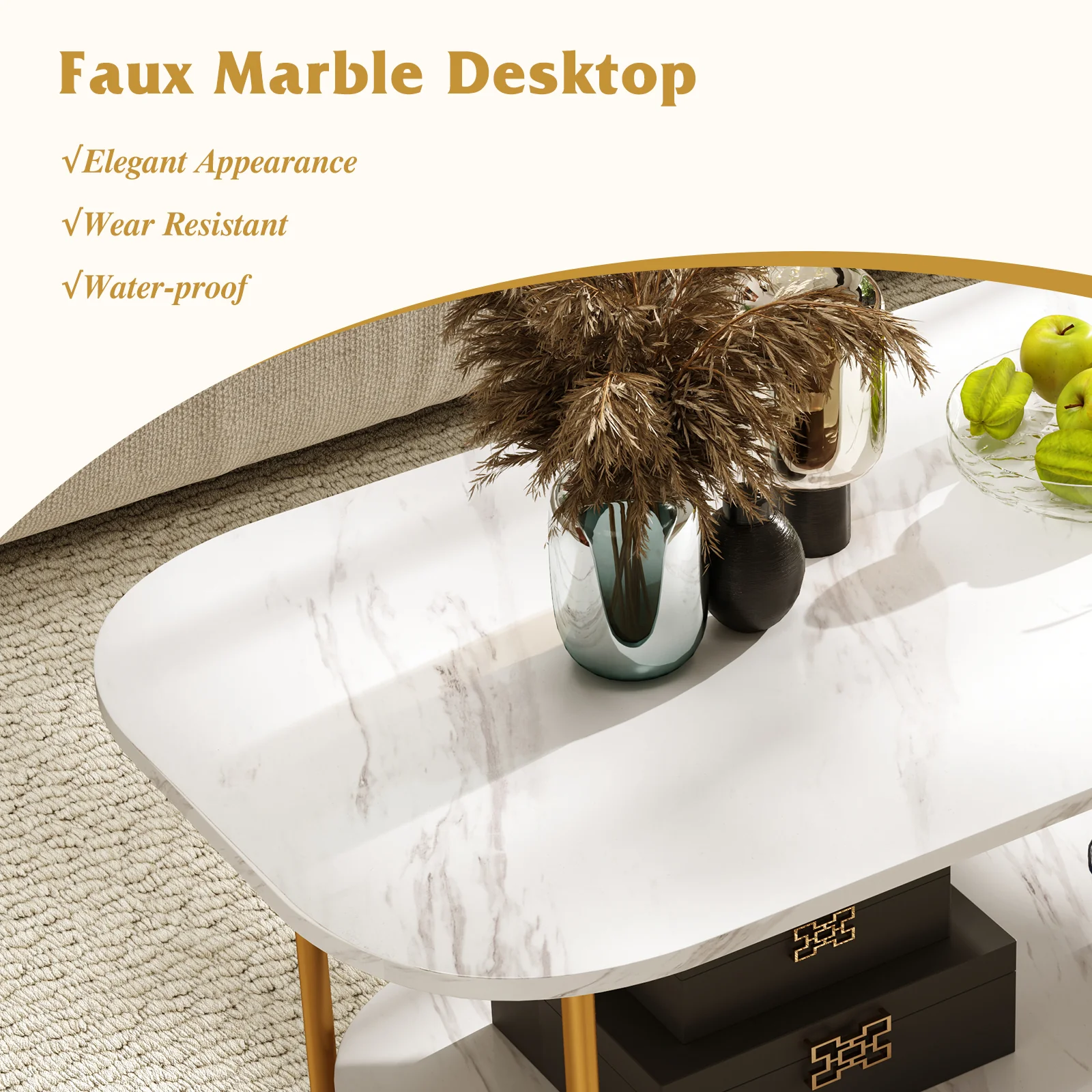 Modern 2-tier Faux Marble Top Coffee Table, White - Image 9