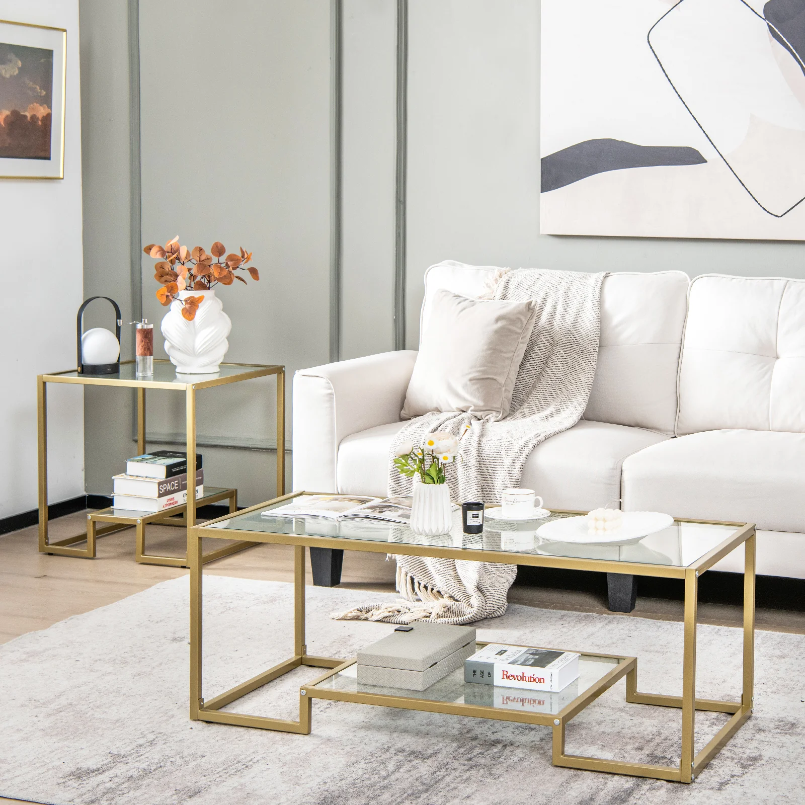 Modern 2-Tier Rectangular Coffee Table, Glass Top, Golden - Image 2
