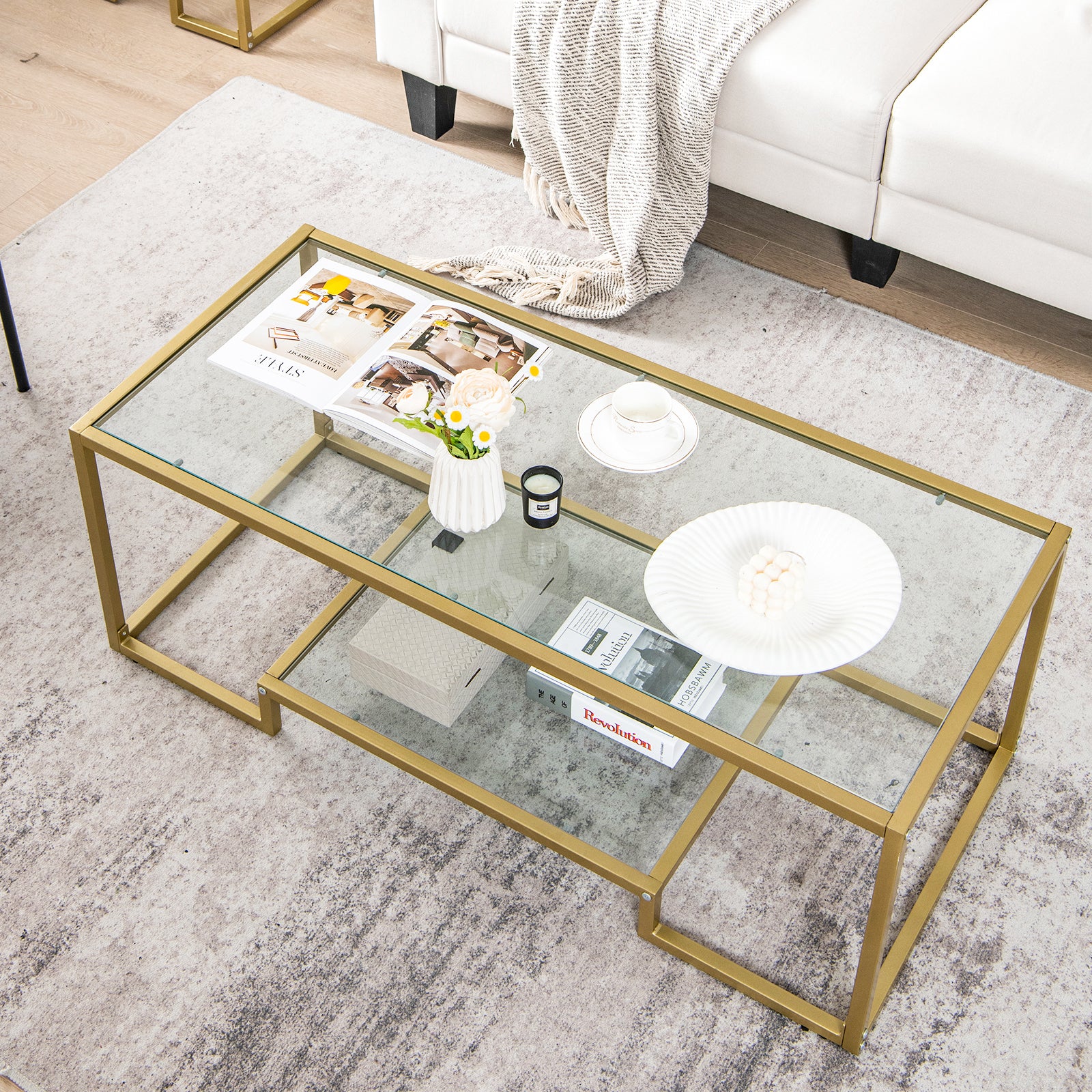 Modern 2-Tier Rectangular Coffee Table, Glass Top, Golden - Image 7