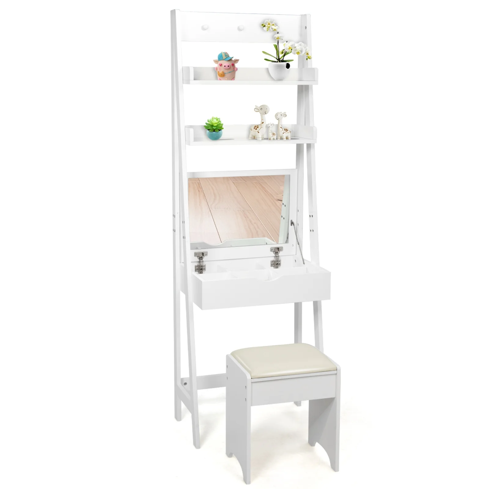 Modern 3-In-1 Vanity Set With Flip Top Mirror, 6 Makeup Organizers, White - Image 5