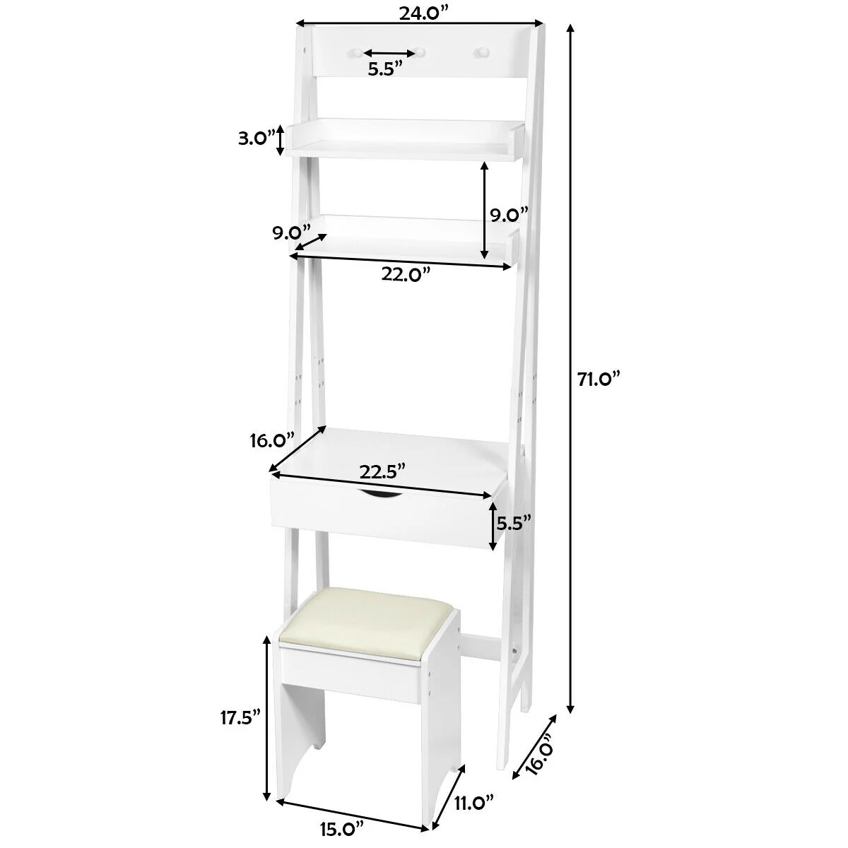 Modern 3-In-1 Vanity Set With Flip Top Mirror, 6 Makeup Organizers, White - Image 6