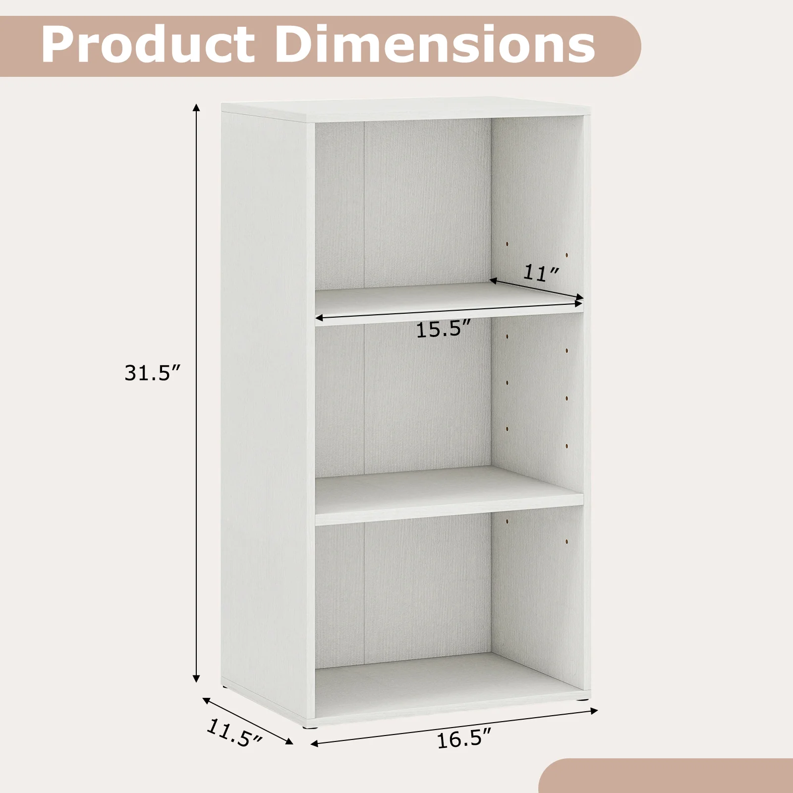 Modern 3 Open Shelf Bookcase Display Cabinet, White - Image 6
