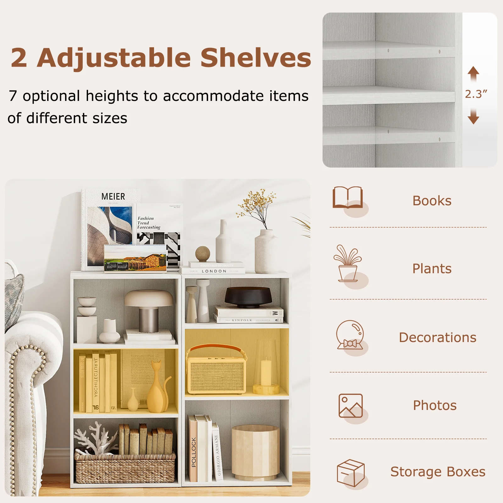 Modern 3 Open Shelf Bookcase Display Cabinet, White - Image 8