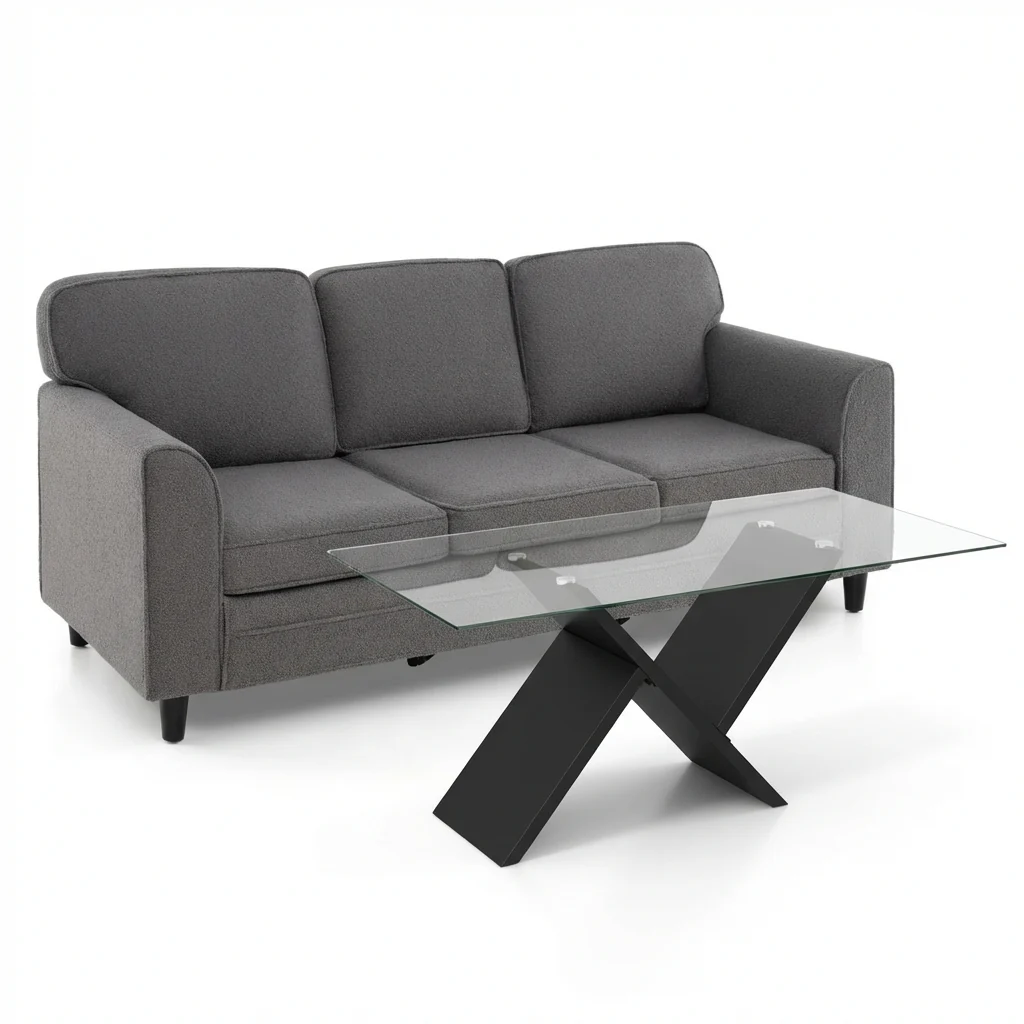 Modern 3-Seat Teddy Velvet Sofa, 47-Inch Glass Coffee Table