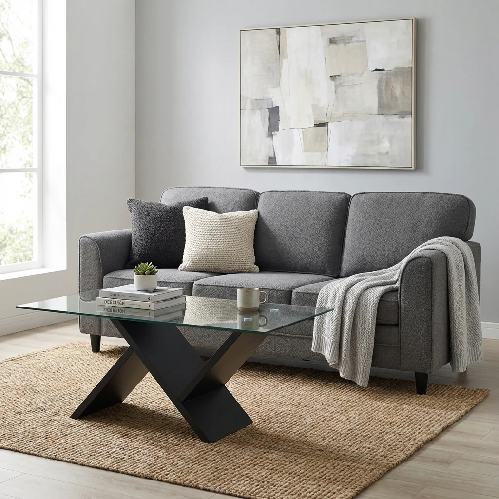 Modern 3-Seat Teddy Velvet Sofa, 47-Inch Glass Coffee Table - Image 2
