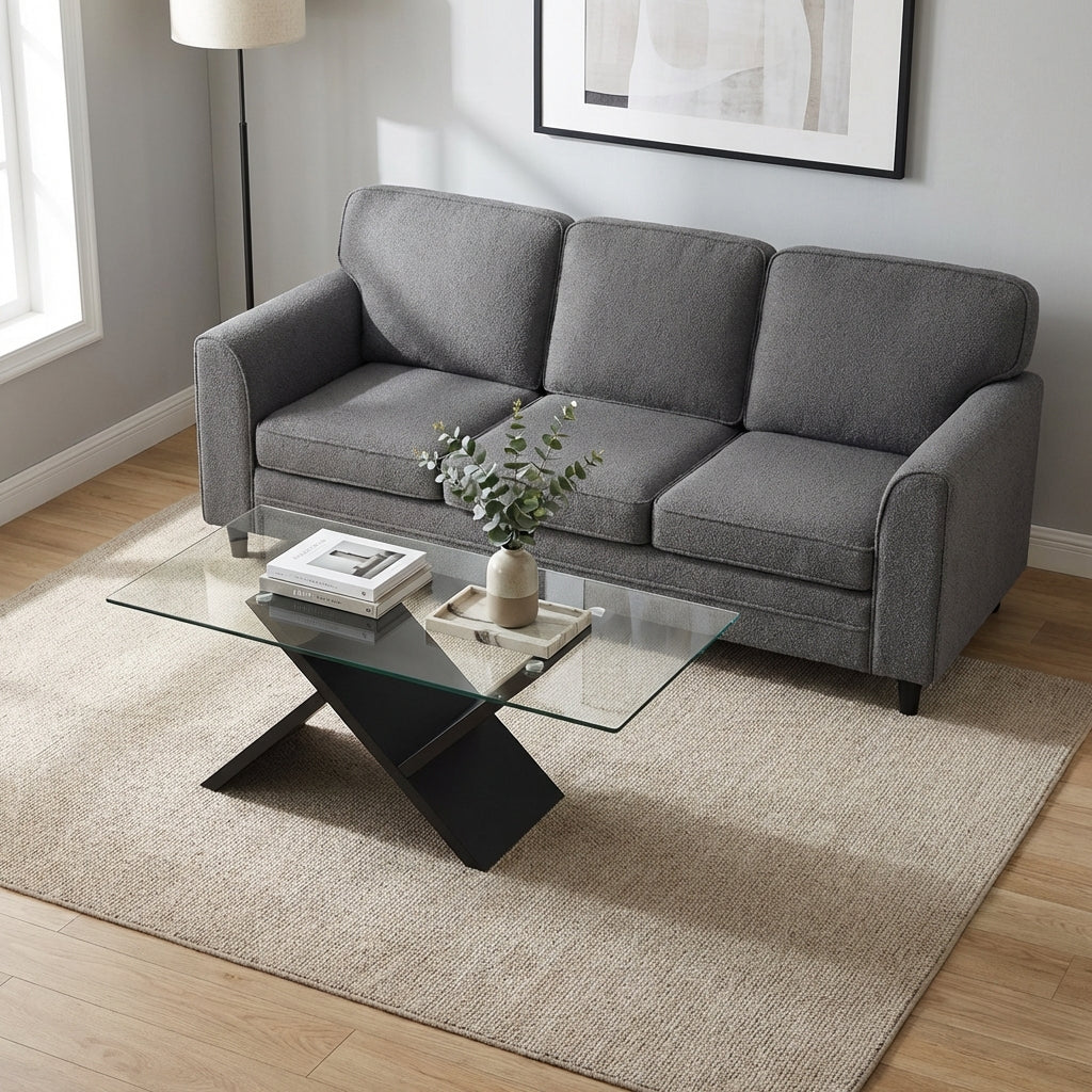 Modern 3-Seat Teddy Velvet Sofa, 47-Inch Glass Coffee Table - Image 3