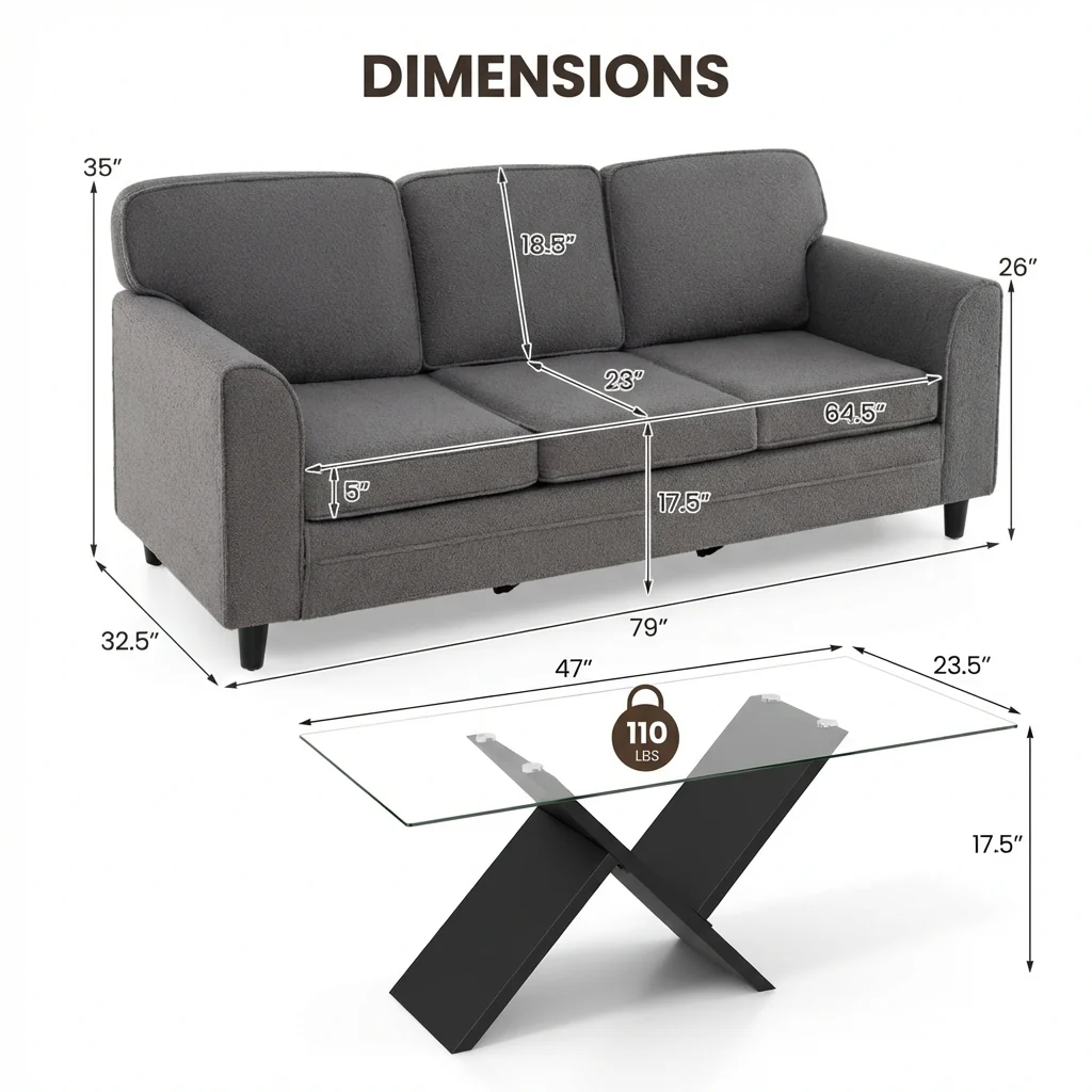 Modern 3-Seat Teddy Velvet Sofa, 47-Inch Glass Coffee Table - Image 5