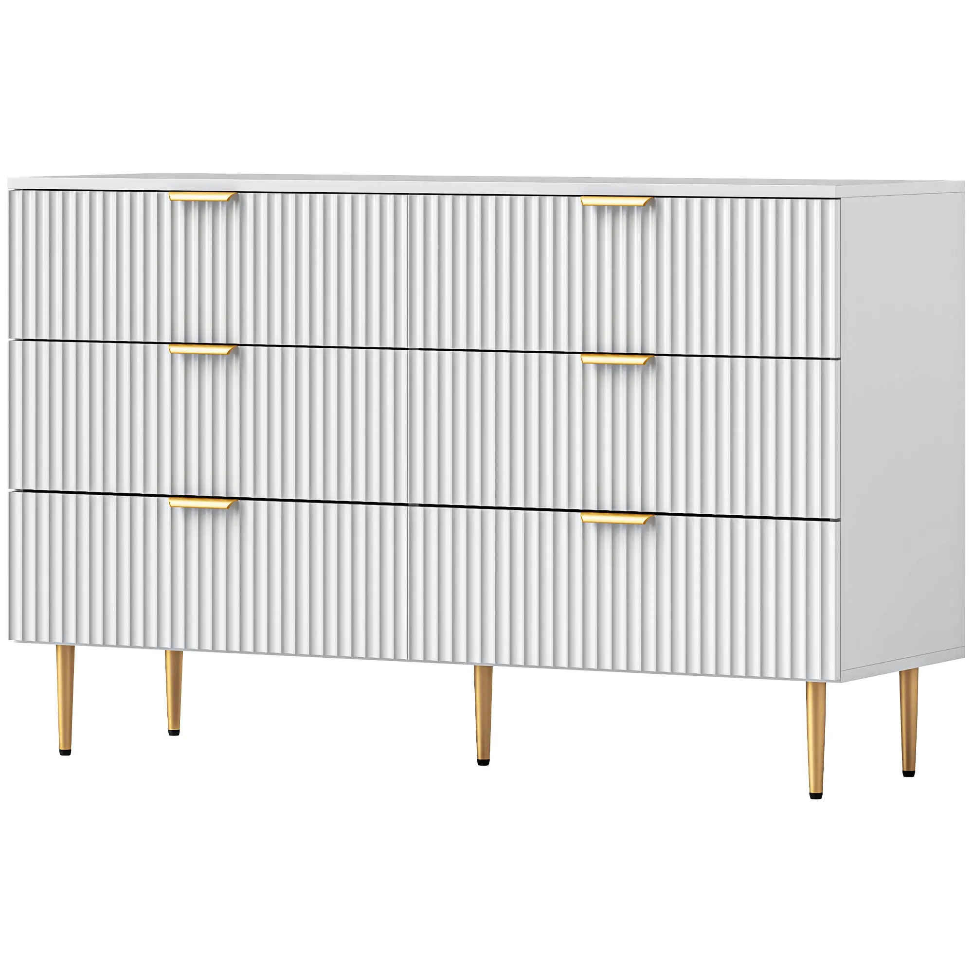 Modern 6 Drawer Dresser, Gold Legs and Handles, White
