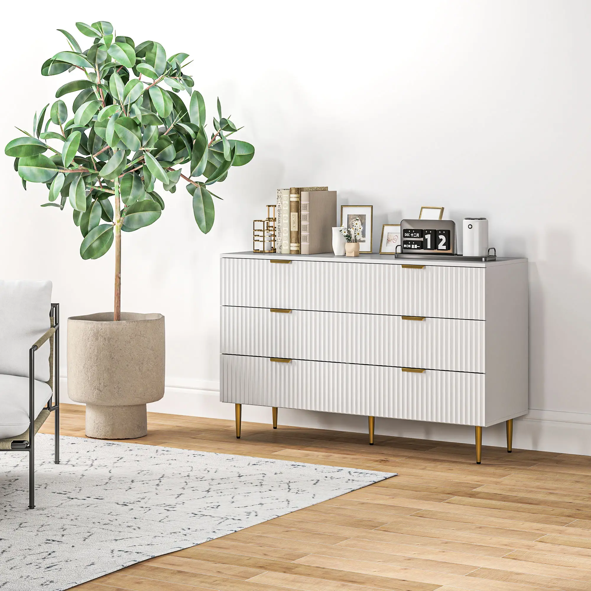 Modern 6 Drawer Dresser, Gold Legs and Handles, White - Image 10