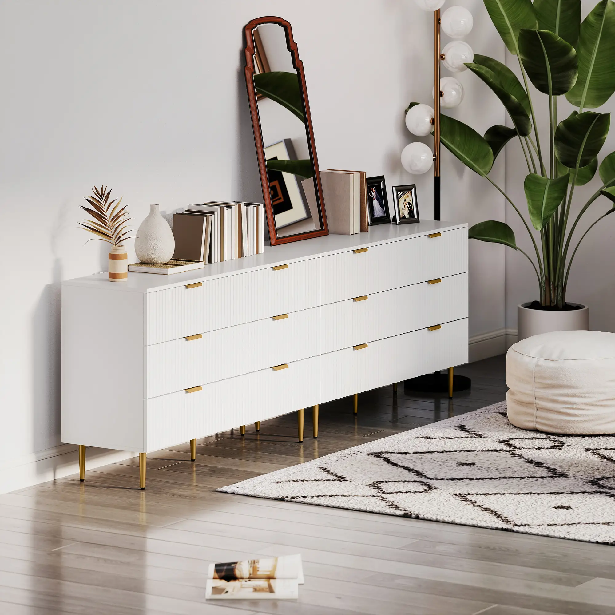 Modern 6 Drawer Dresser, Gold Legs and Handles, White - Image 2
