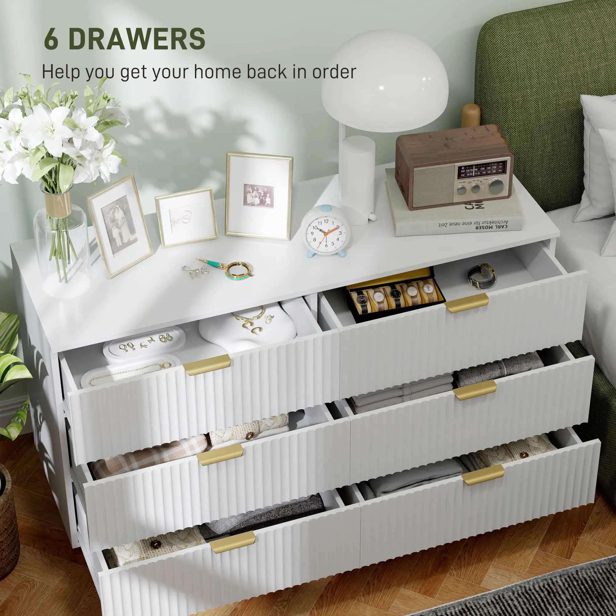 Modern 6 Drawer Dresser, Gold Legs and Handles, White - Image 4