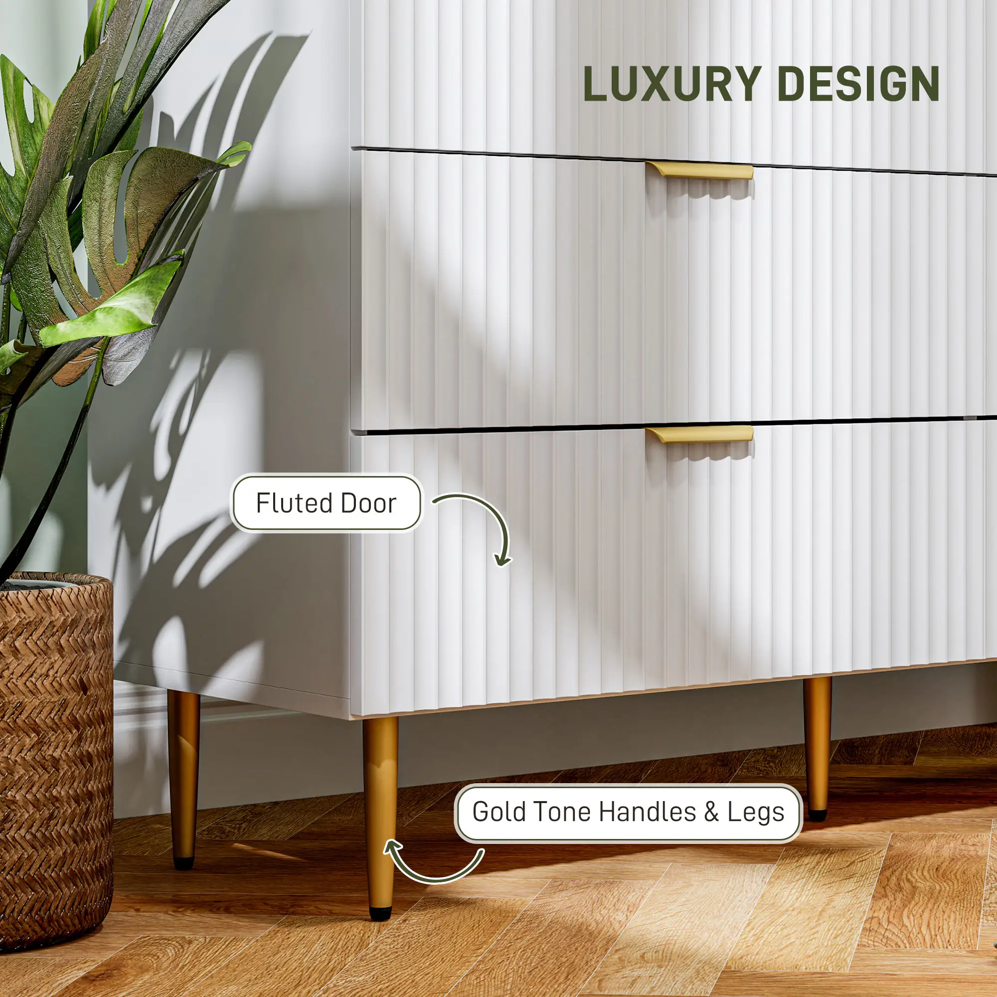 Modern 6 Drawer Dresser, Gold Legs and Handles, White - Image 5