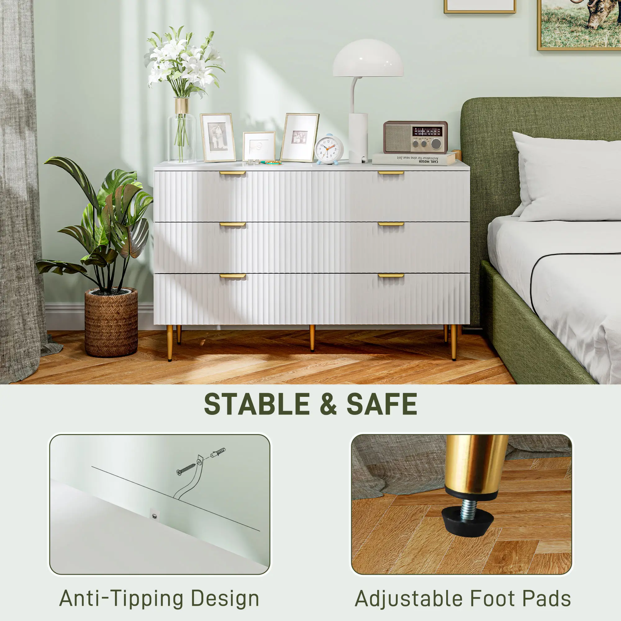 Modern 6 Drawer Dresser, Gold Legs and Handles, White - Image 6