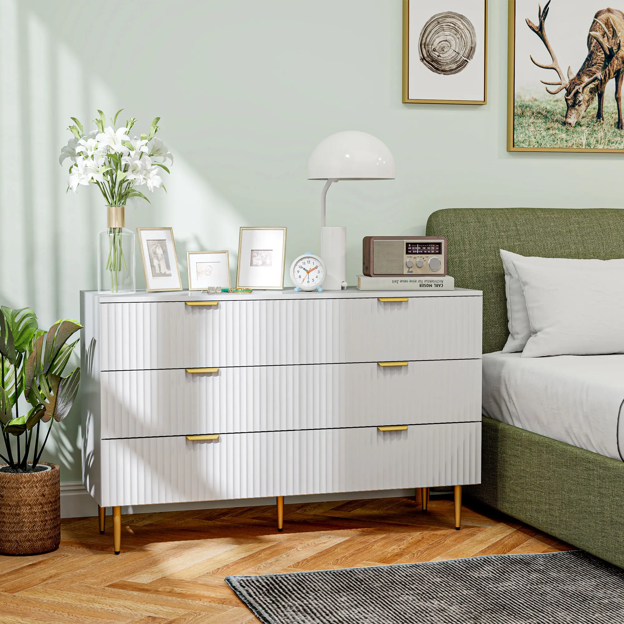 Modern 6 Drawer Dresser, Gold Legs and Handles, White - Image 7