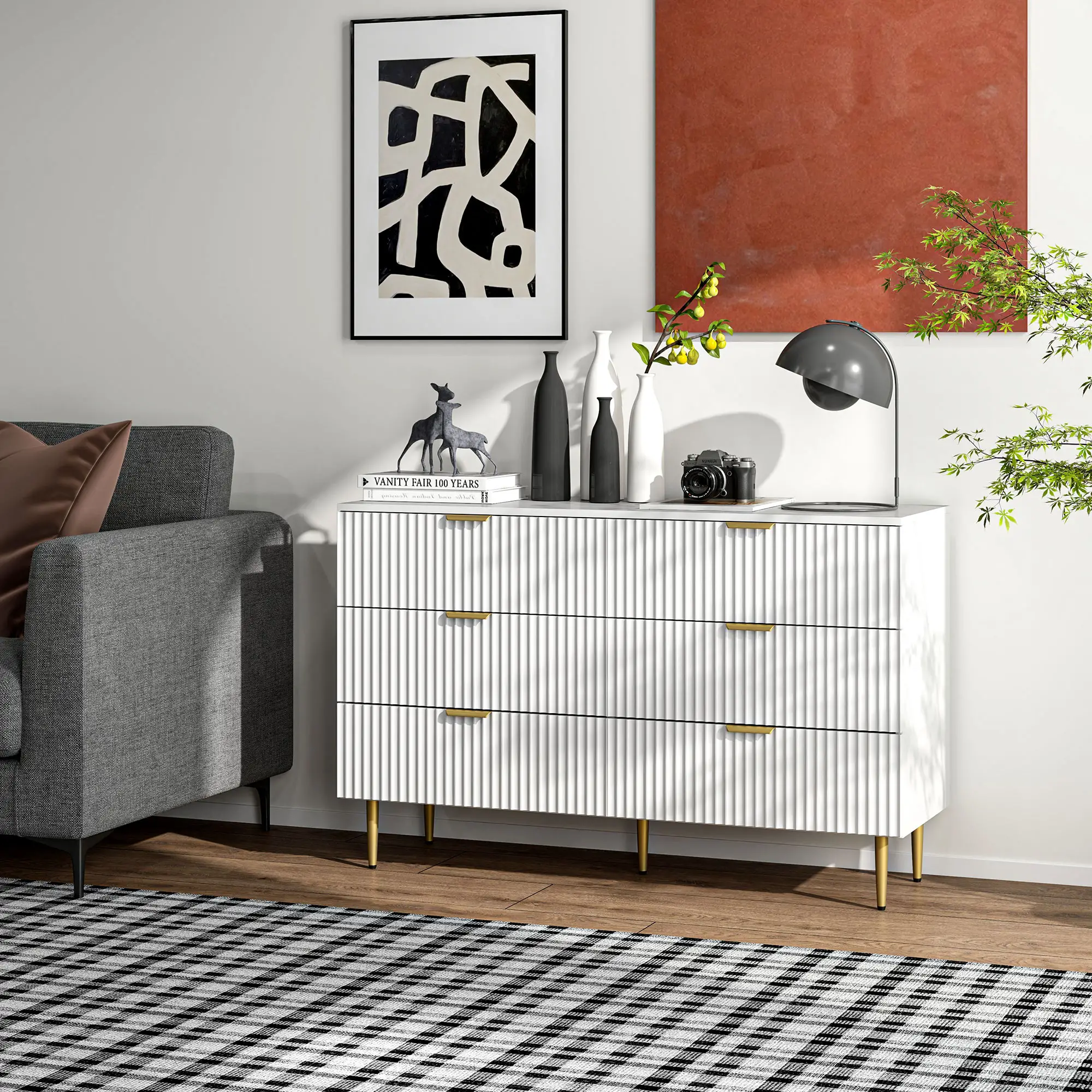 Modern 6 Drawer Dresser, Gold Legs and Handles, White - Image 8