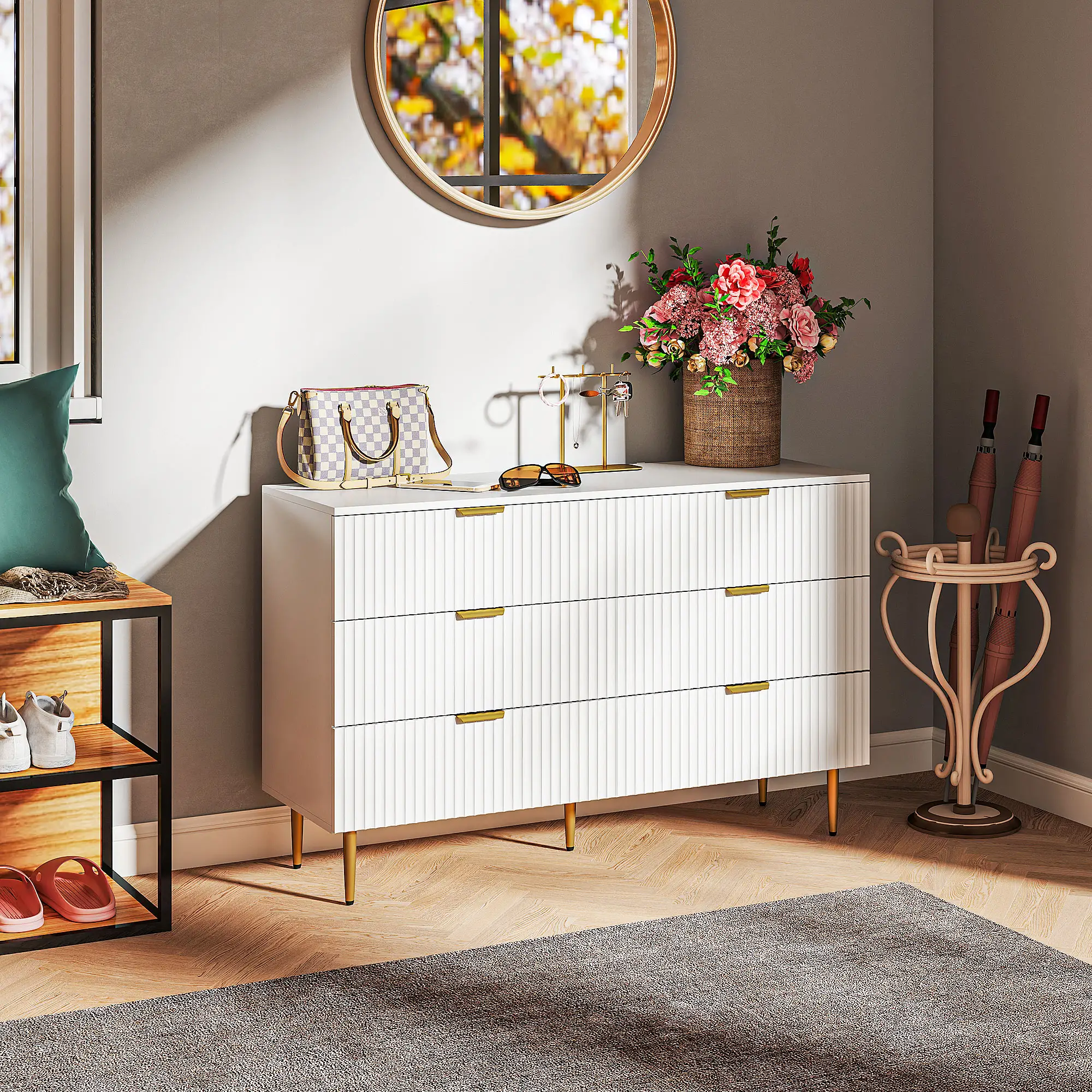 Modern 6 Drawer Dresser, Gold Legs and Handles, White - Image 9