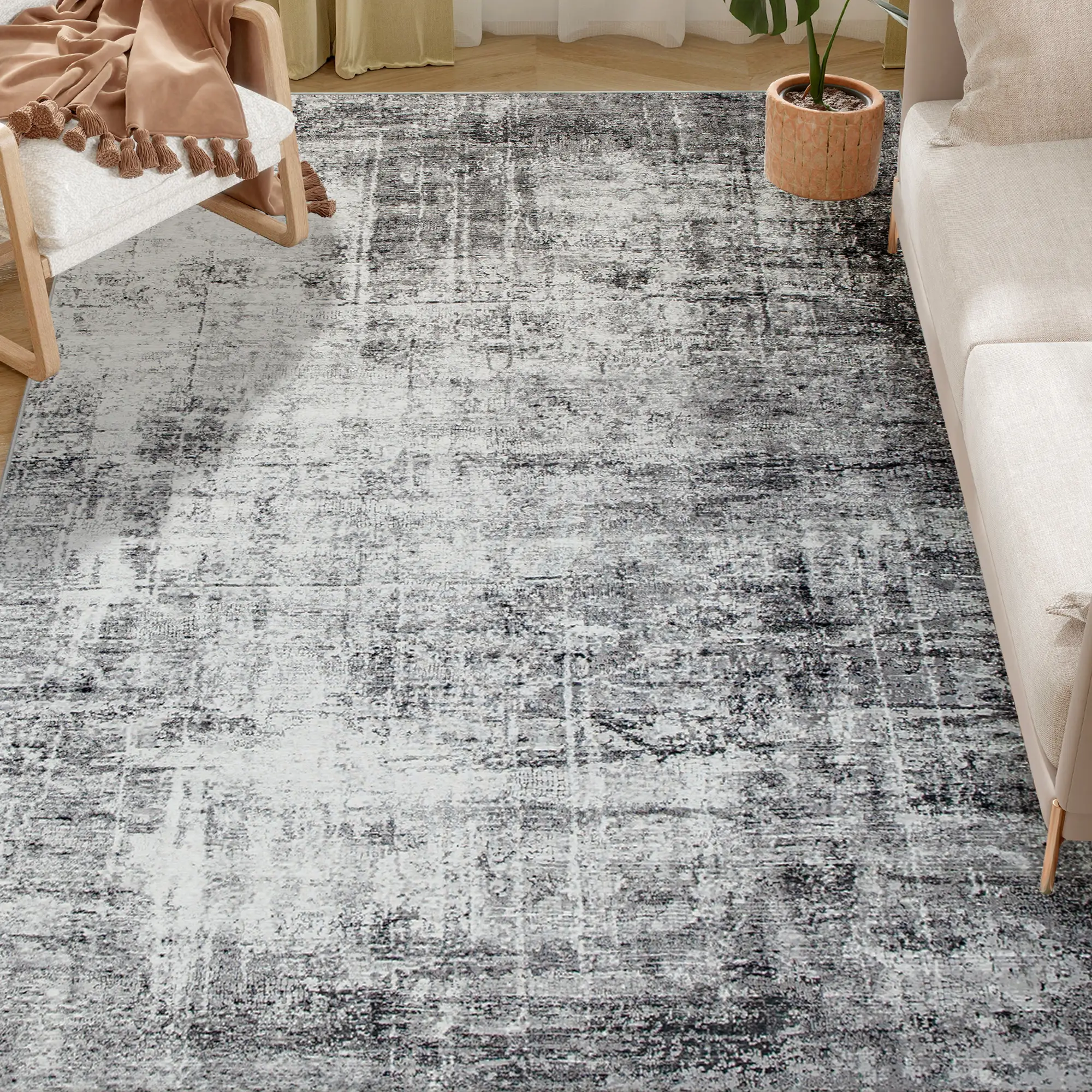 Modern Abstract Area Rug 8x10, Machine Washable, Non-Slip, Grey - Image 11