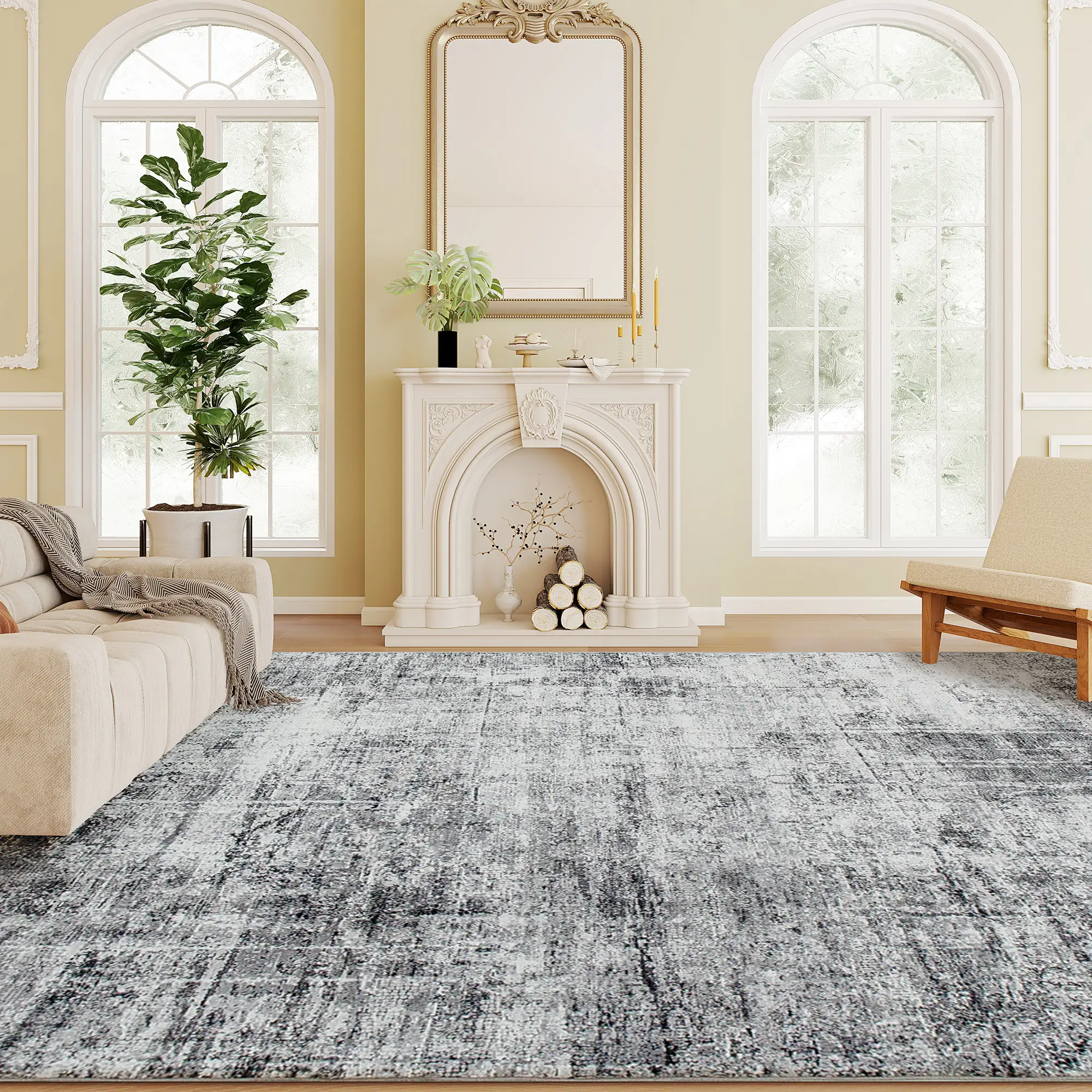 Modern Abstract Area Rug 8x10, Machine Washable, Non-Slip, Grey - Image 2