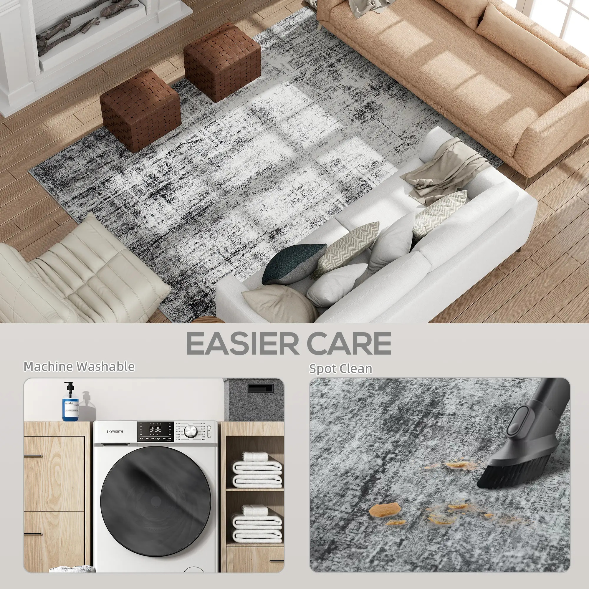 Modern Abstract Area Rug 8x10, Machine Washable, Non-Slip, Grey - Image 5