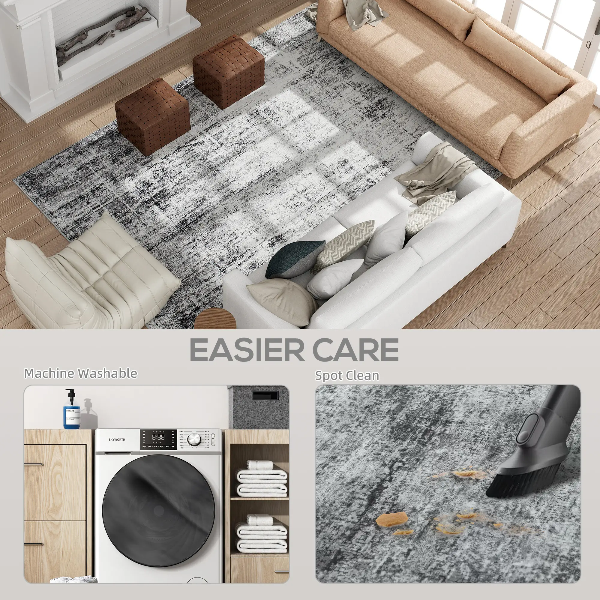 Modern Abstract Area Rug 9x12, Machine Washable, Non-Slip, Grey - Image 5