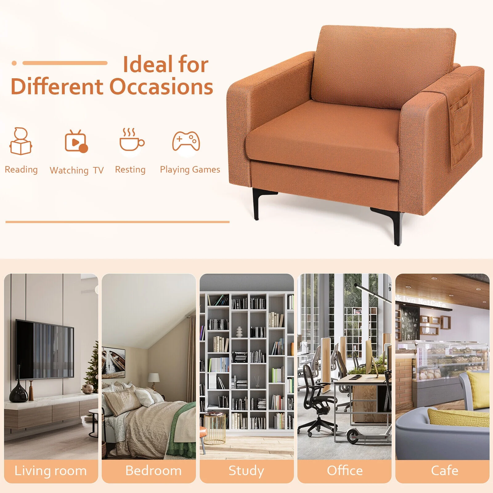 Modern Accent Armchair, With Side Storage Pocket, Orange - Image 4