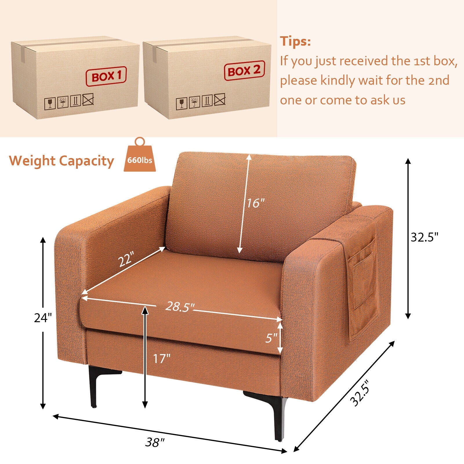 Modern Accent Armchair, With Side Storage Pocket, Orange - Image 5