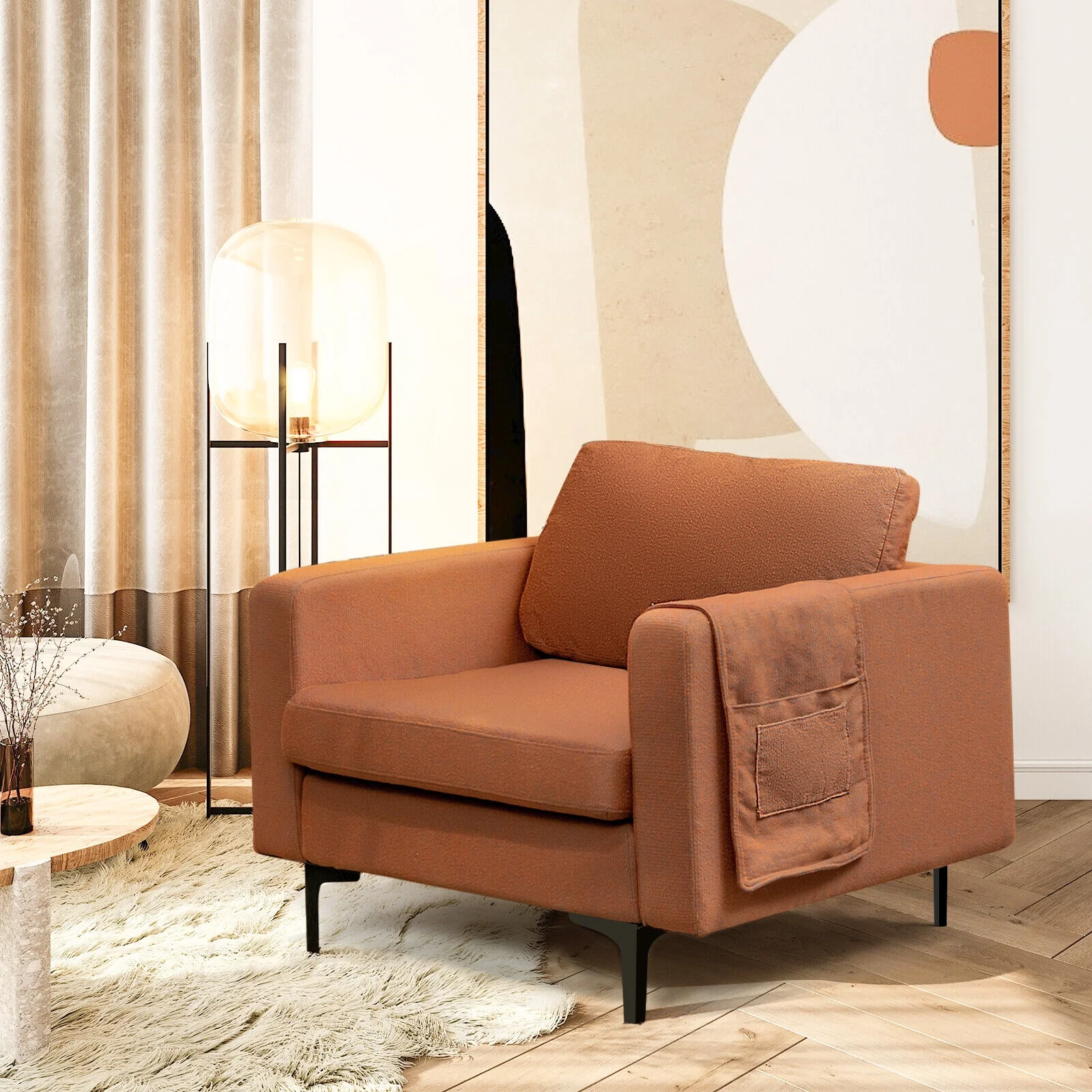 Modern Accent Armchair, With Side Storage Pocket, Orange - Image 7