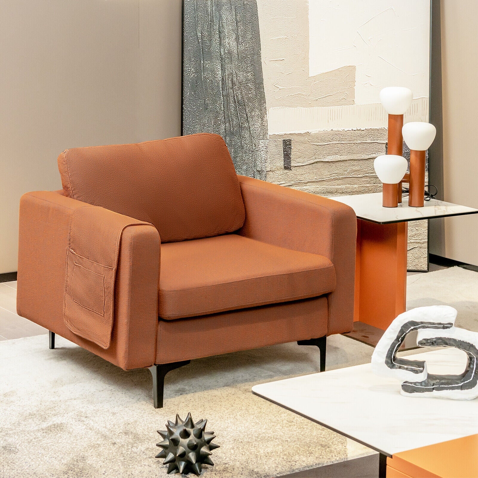 Modern Accent Armchair, With Side Storage Pocket, Orange - Image 8
