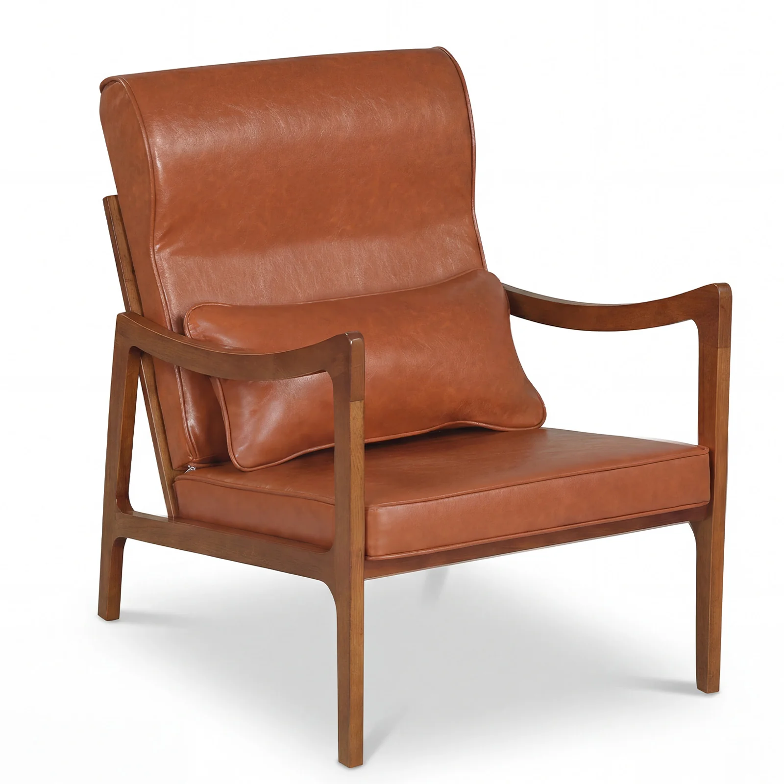 Modern Accent Chair, Solid Rubber Wood Faux Leather Upholstered Armchair, Brown