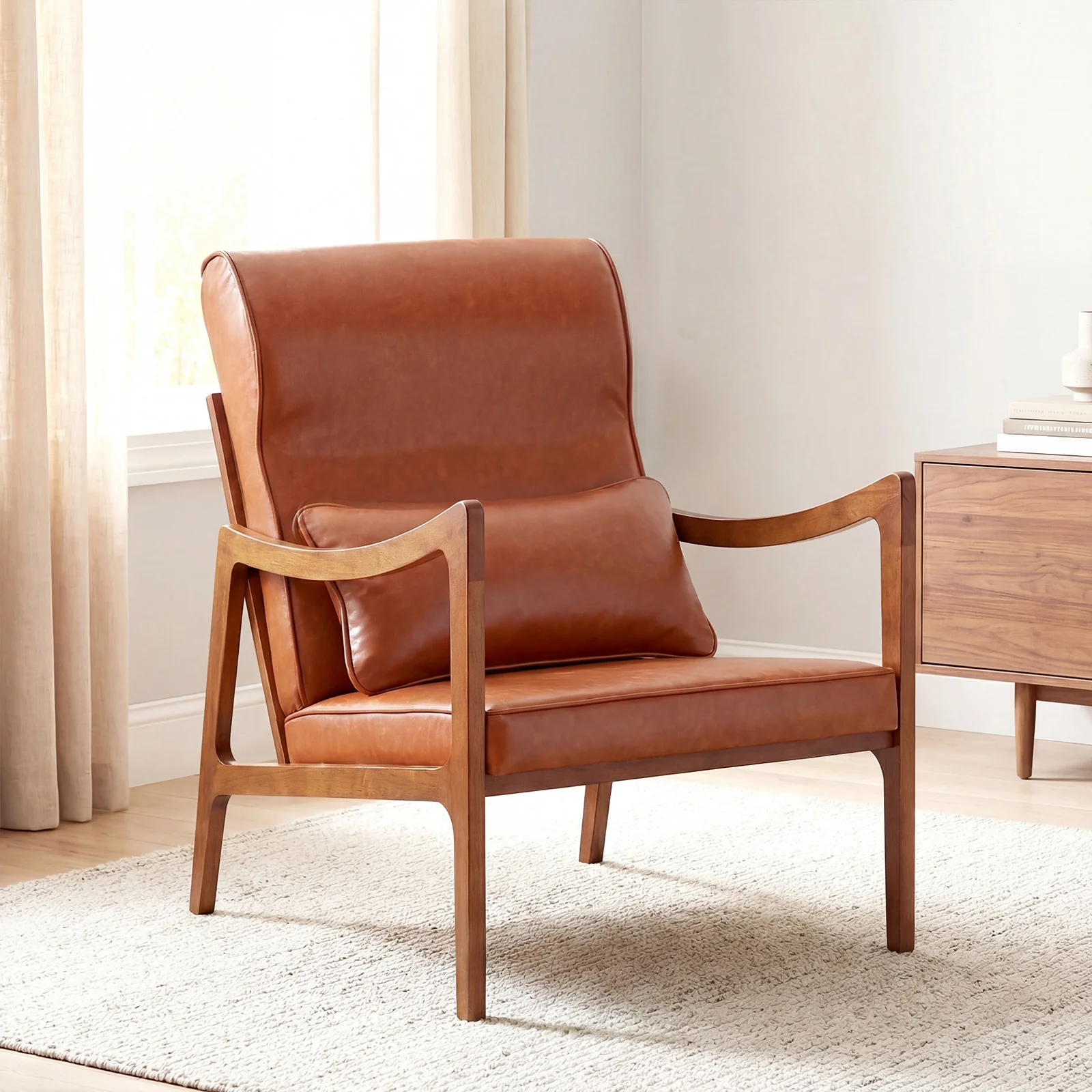 Modern Accent Chair, Solid Rubber Wood Faux Leather Upholstered Armchair, Brown - Image 2