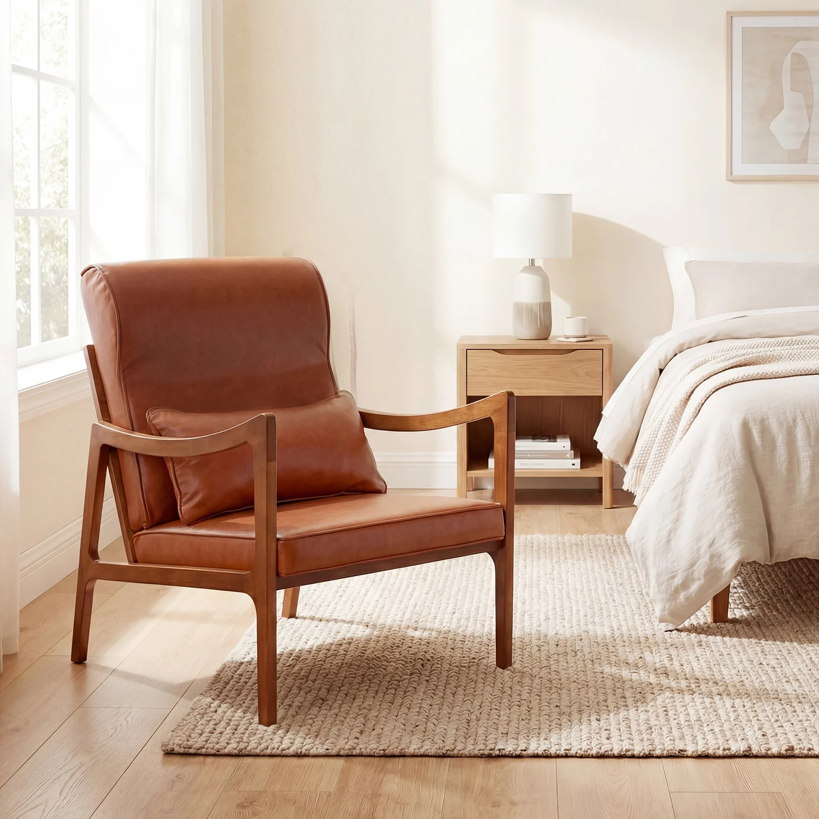 Modern Accent Chair, Solid Rubber Wood Faux Leather Upholstered Armchair, Brown - Image 3