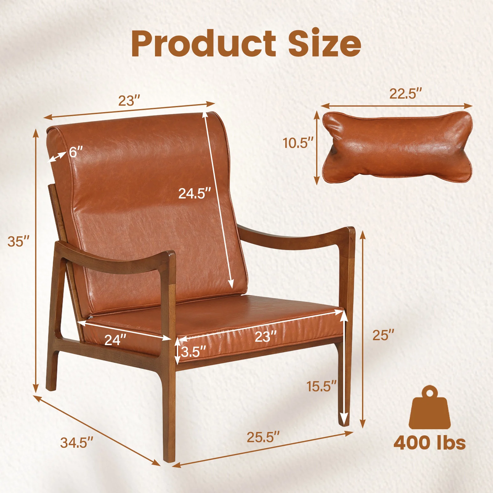 Modern Accent Chair, Solid Rubber Wood Faux Leather Upholstered Armchair, Brown - Image 4