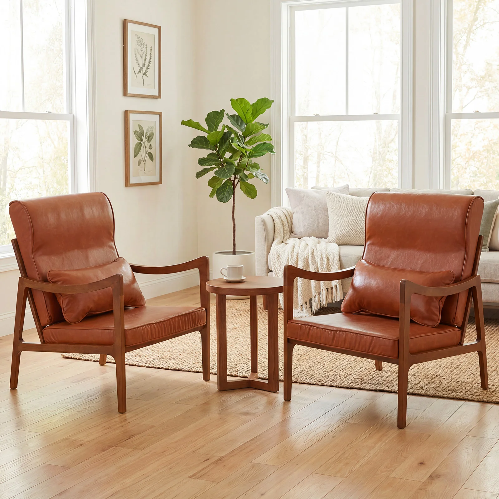 Modern Accent Chair, Solid Rubber Wood Faux Leather Upholstered Armchair, Brown - Image 5