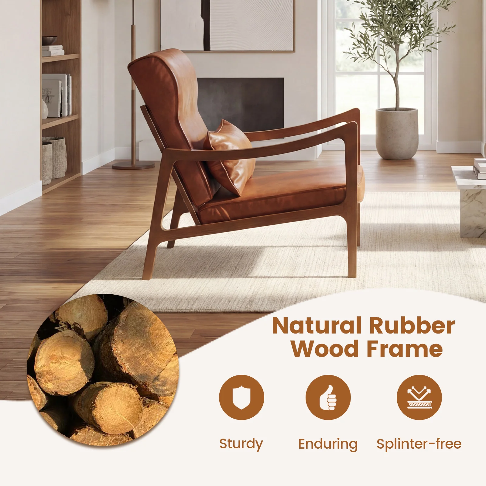 Modern Accent Chair, Solid Rubber Wood Faux Leather Upholstered Armchair, Brown - Image 6