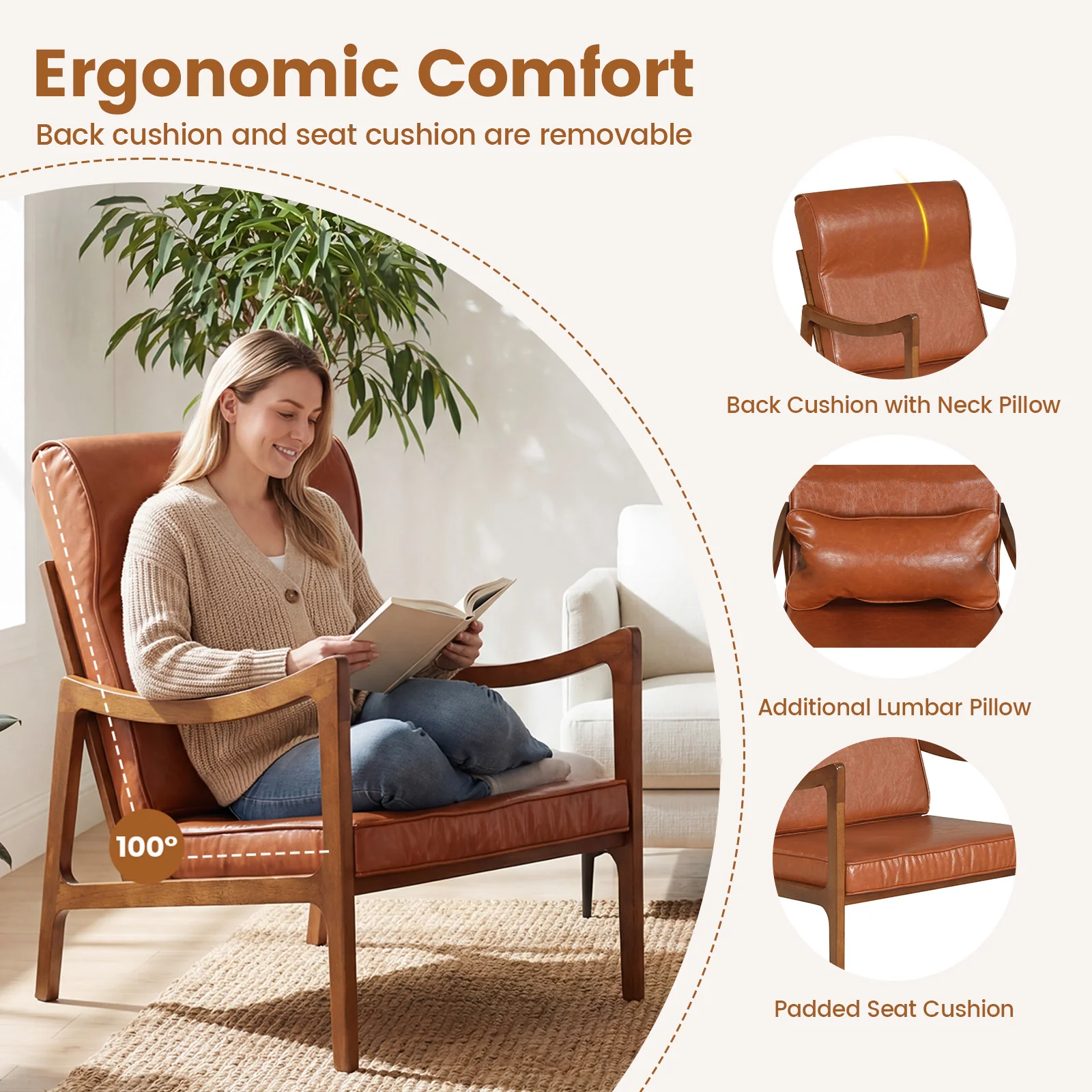 Modern Accent Chair, Solid Rubber Wood Faux Leather Upholstered Armchair, Brown - Image 7