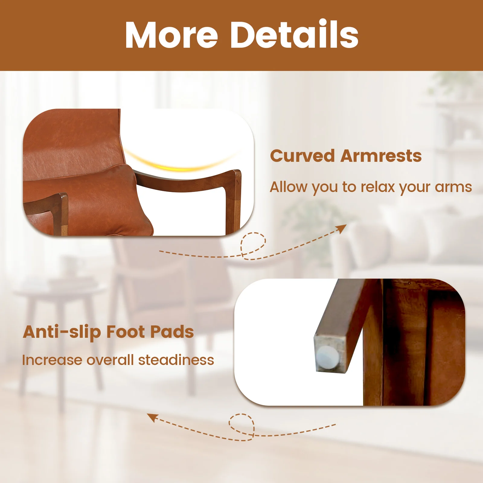 Modern Accent Chair, Solid Rubber Wood Faux Leather Upholstered Armchair, Brown - Image 9