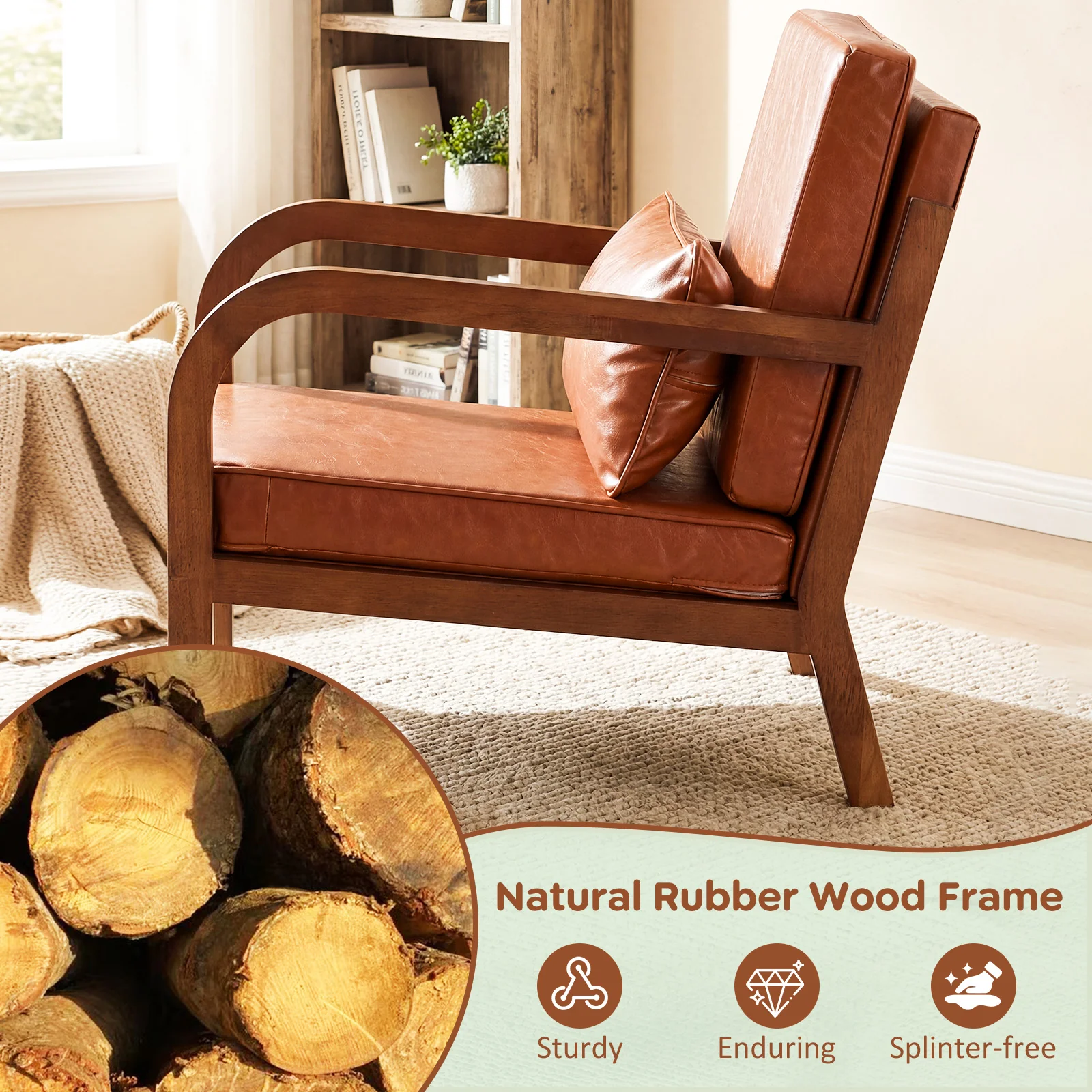 Modern Accent Chair, Faux Leather Linen Fabric, Brown - Image 6