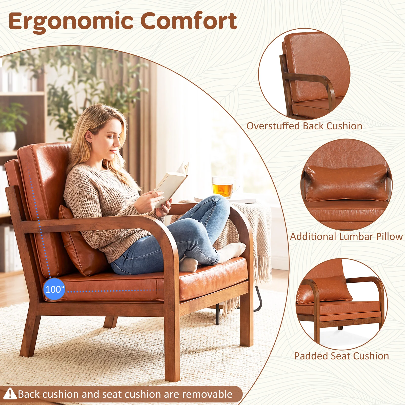 Modern Accent Chair, Faux Leather Linen Fabric, Brown - Image 7