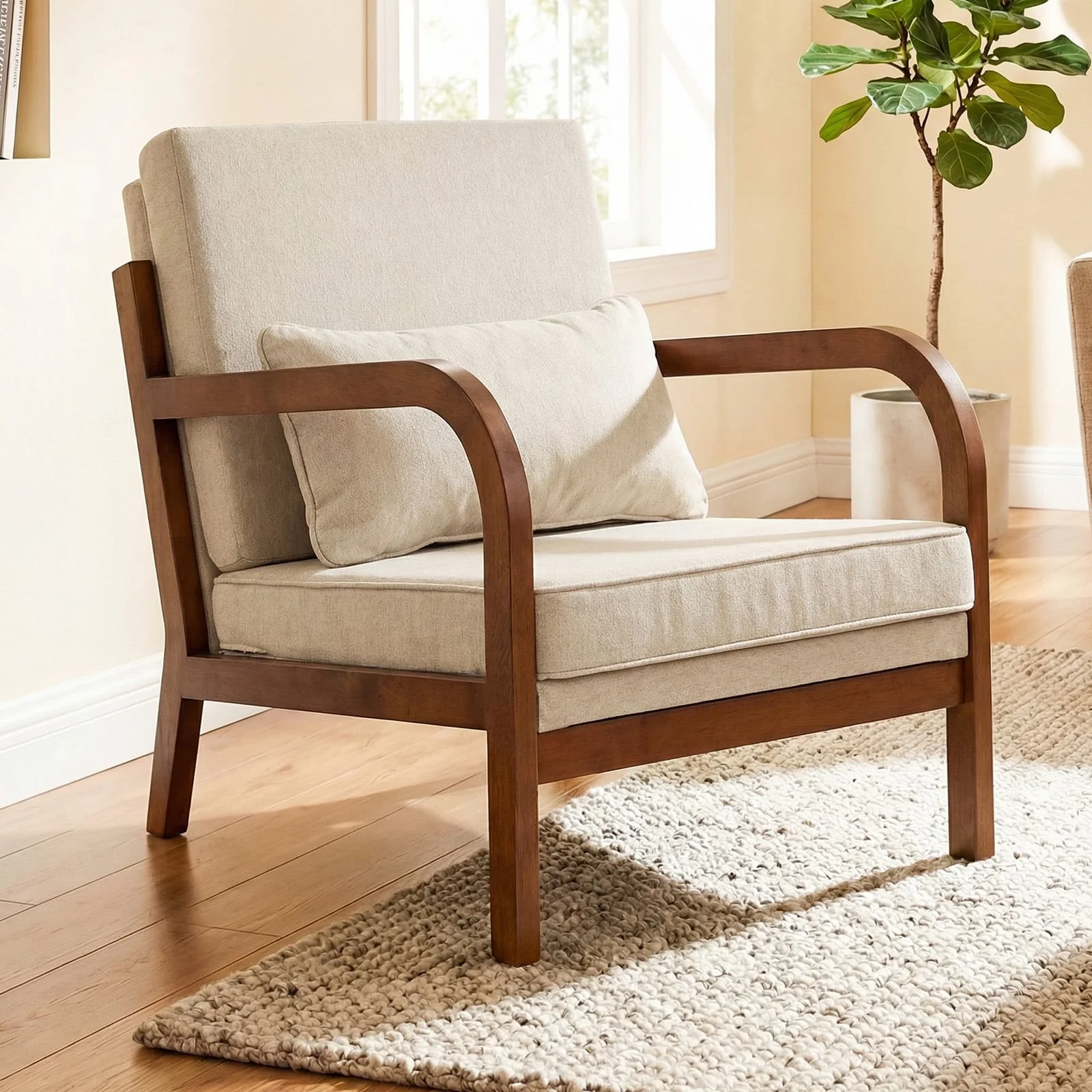 Modern Accent Chair, Faux Leather Linen Fabric, White - Image 2