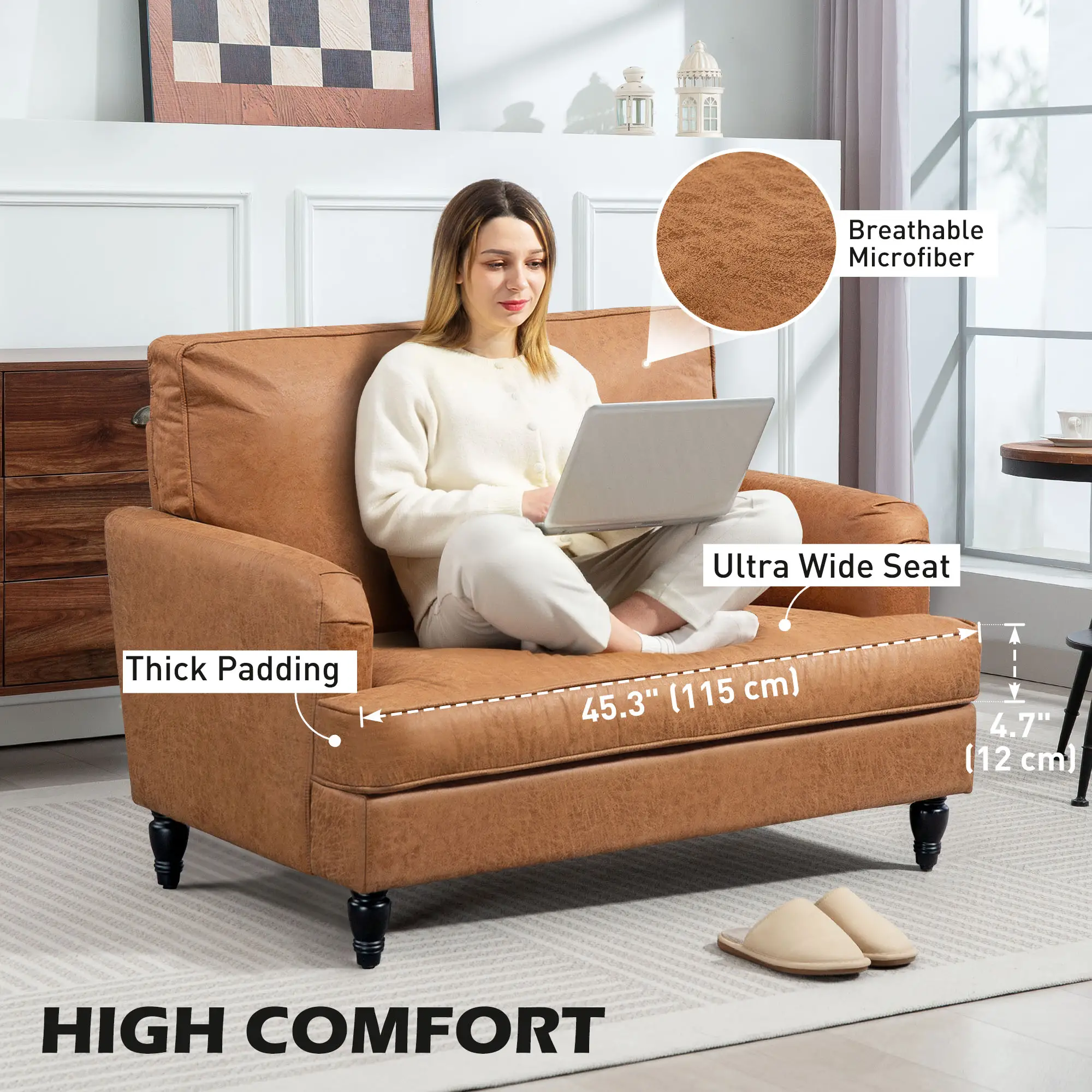 Modern Accent Chair, Microfiber Cloth Armchair with Turned Legs and Wide Seat, Comfy Chair for Living Room, Brown - Image 4