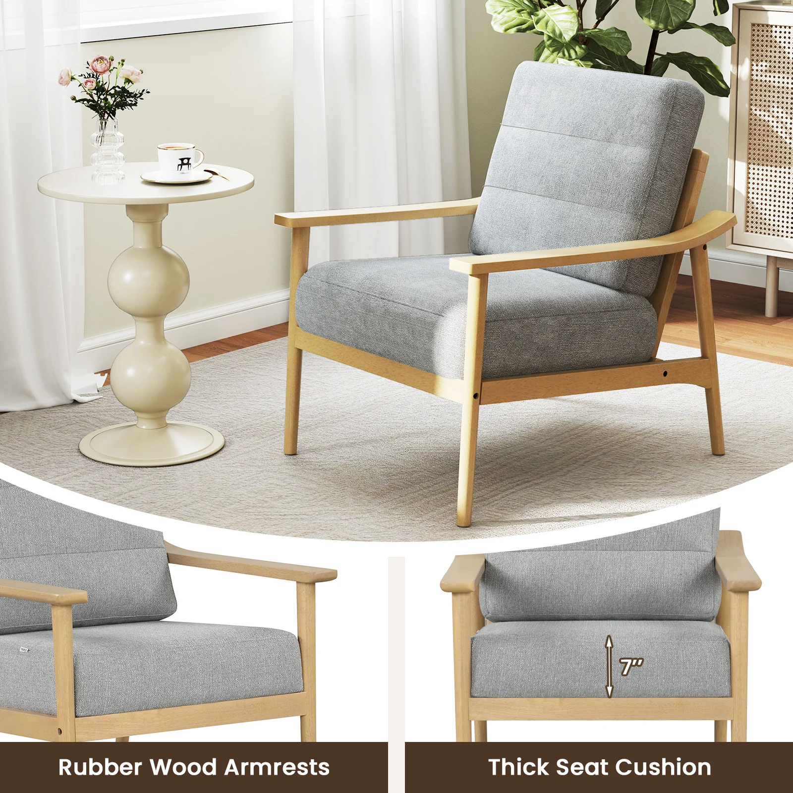 Modern Accent Chair, Rubber Wood Armrests, Living Room, Natural - Image 10