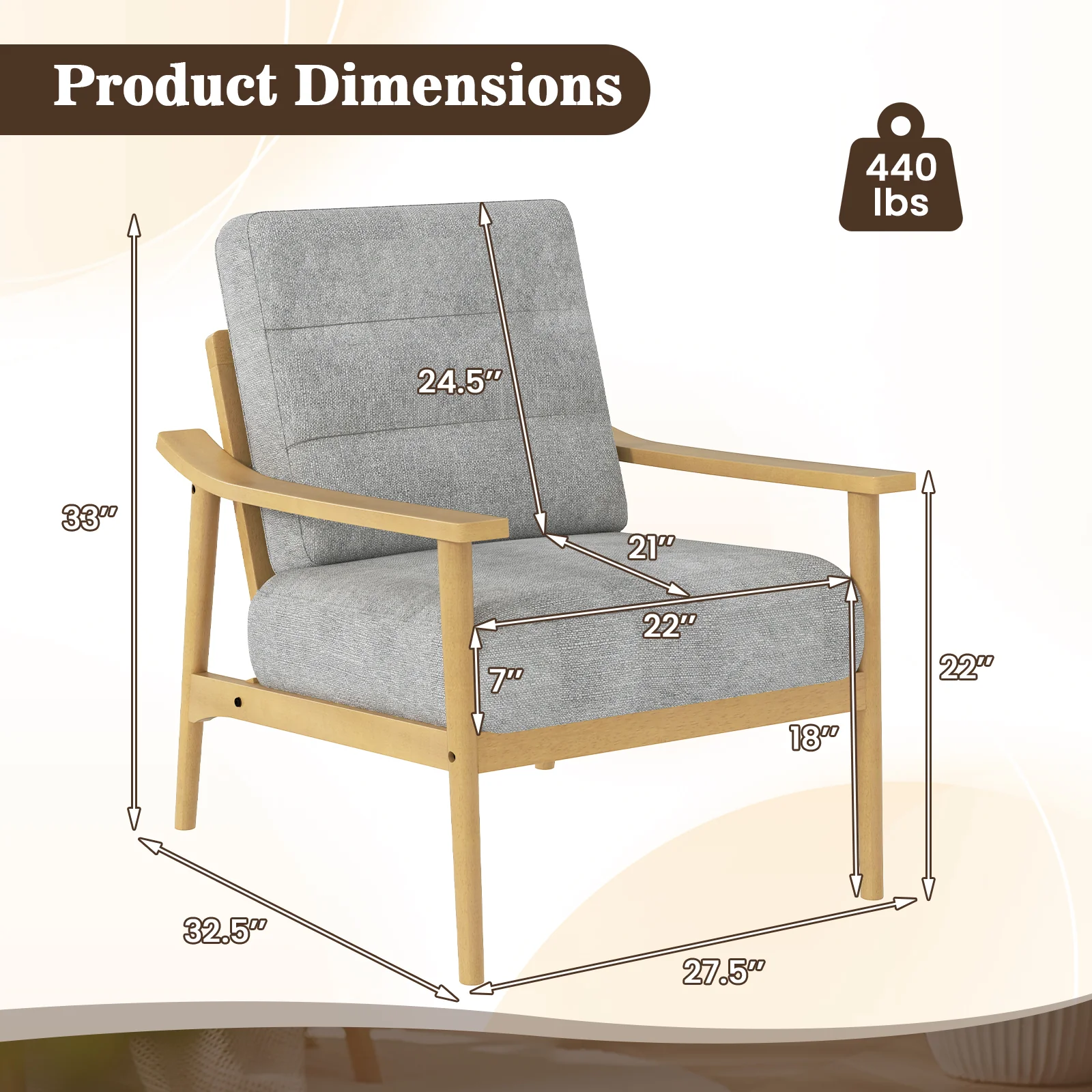 Modern Accent Chair, Rubber Wood Armrests, Living Room, Natural - Image 5