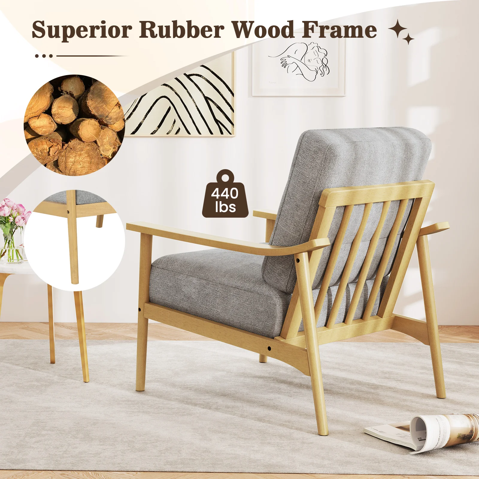 Modern Accent Chair, Rubber Wood Armrests, Living Room, Natural - Image 7