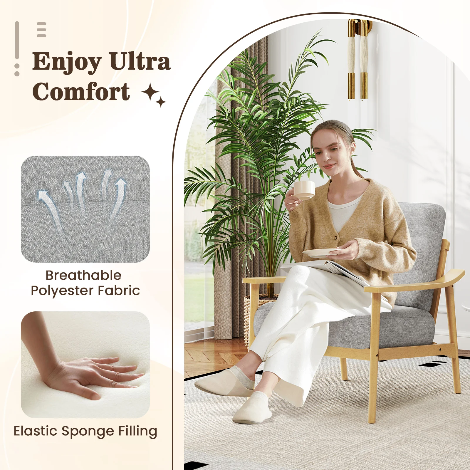 Modern Accent Chair, Rubber Wood Armrests, Living Room, Natural - Image 9