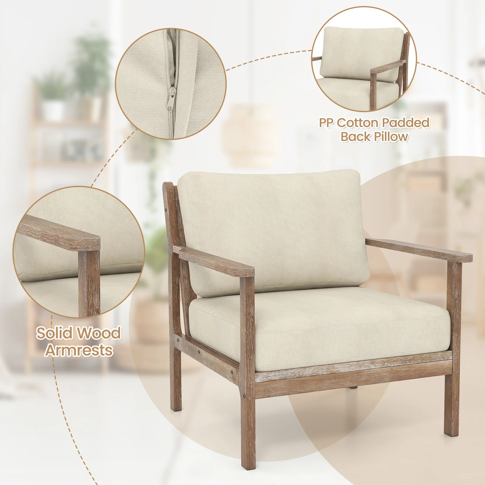 Modern Accent Chair, Solid Rubber Wood Armrests, Beige - Image 10