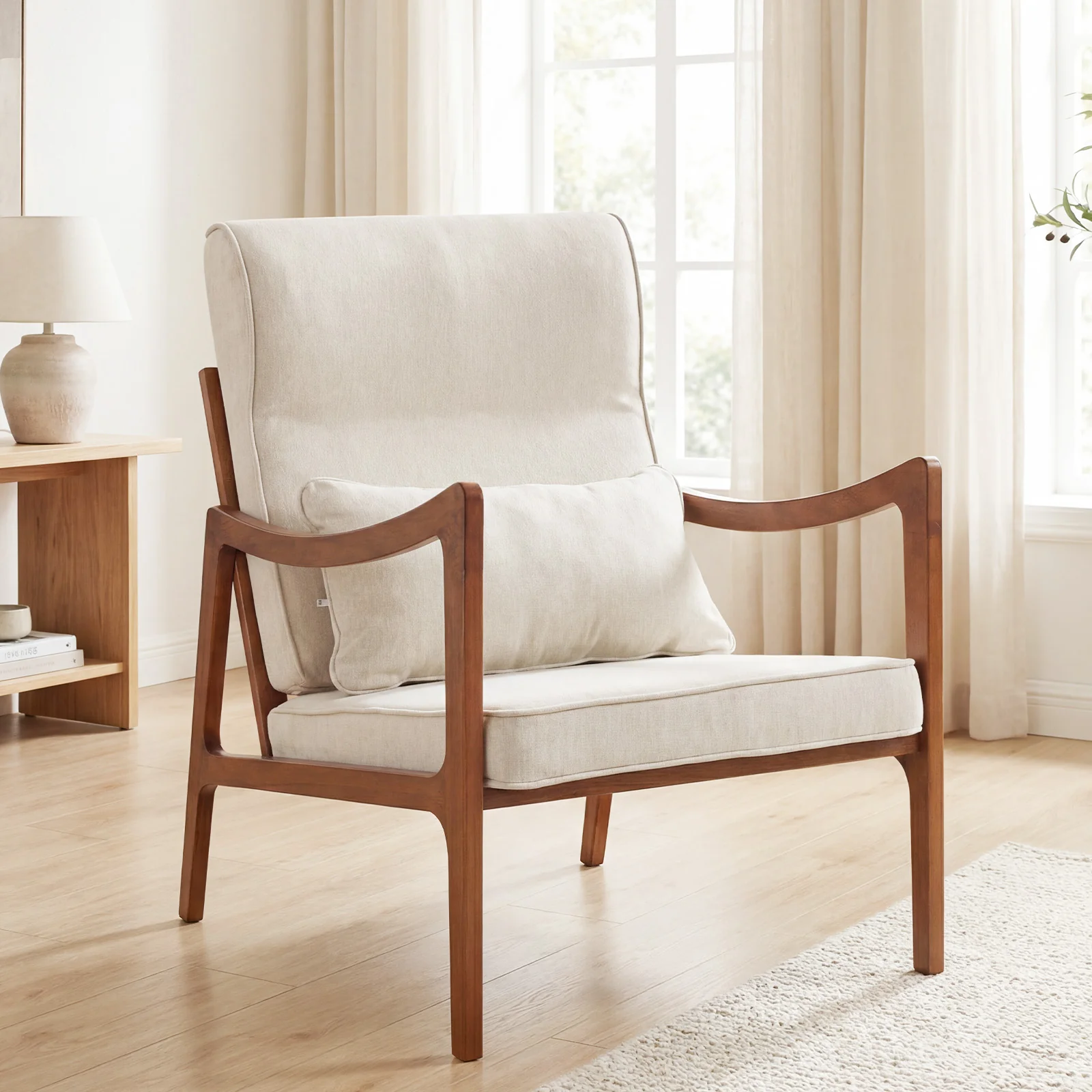 Modern Accent Chair, Solid Rubber Wood Faux Leather Armchair, White - Image 2