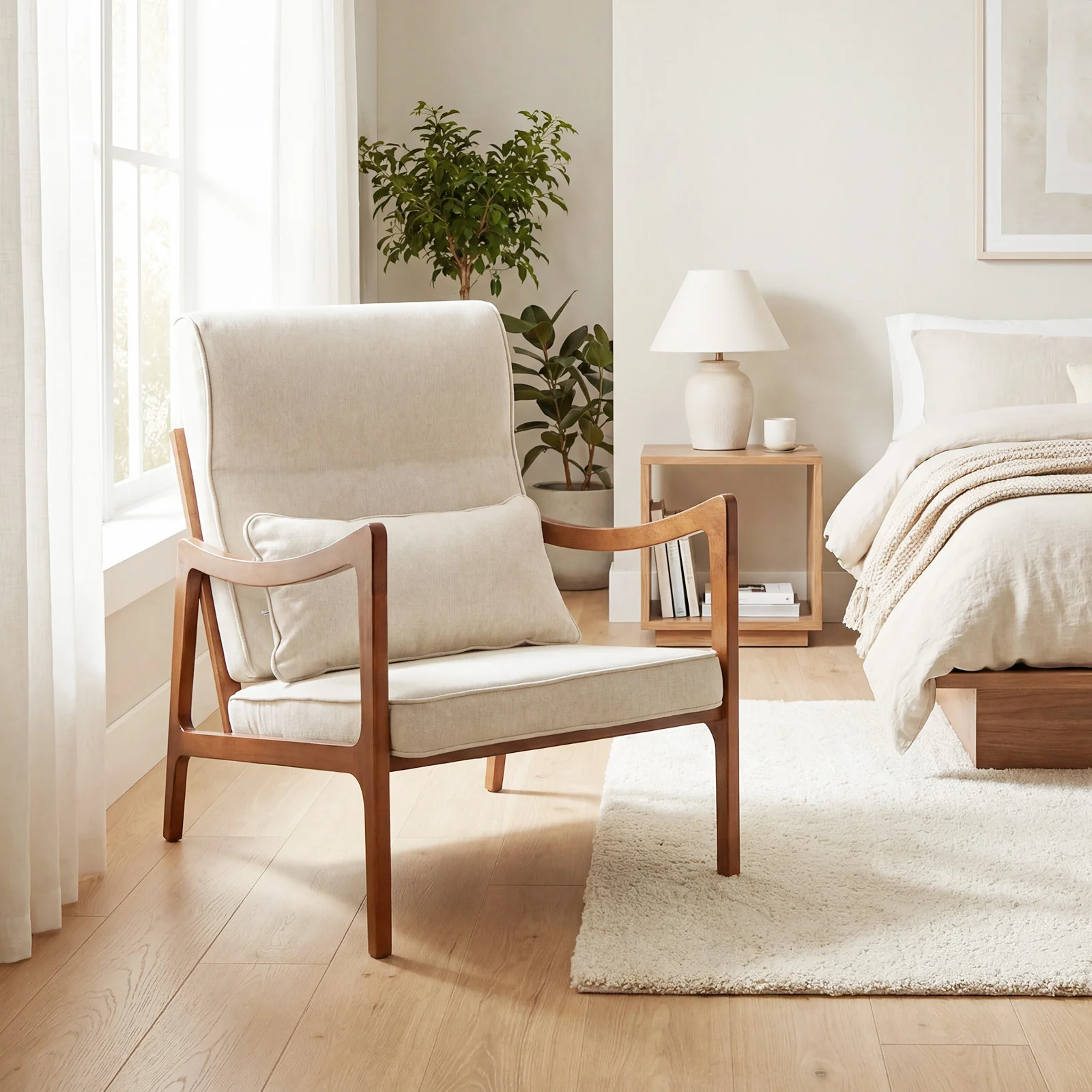 Modern Accent Chair, Solid Rubber Wood Faux Leather Armchair, White - Image 3