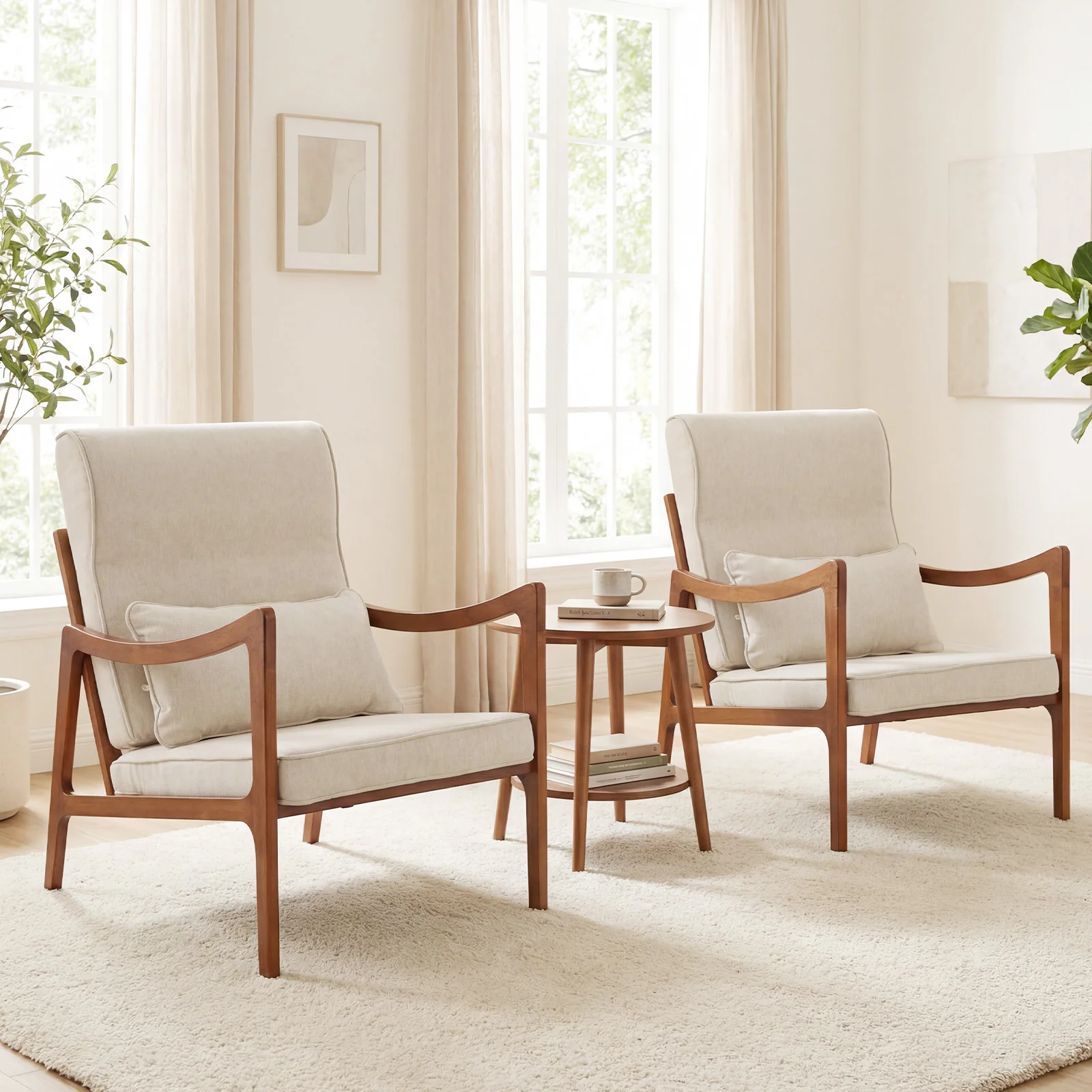 Modern Accent Chair, Solid Rubber Wood Faux Leather Armchair, White - Image 5