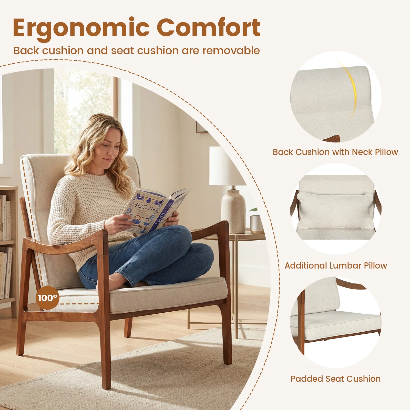 Modern Accent Chair, Solid Rubber Wood Faux Leather Armchair, White - Image 7